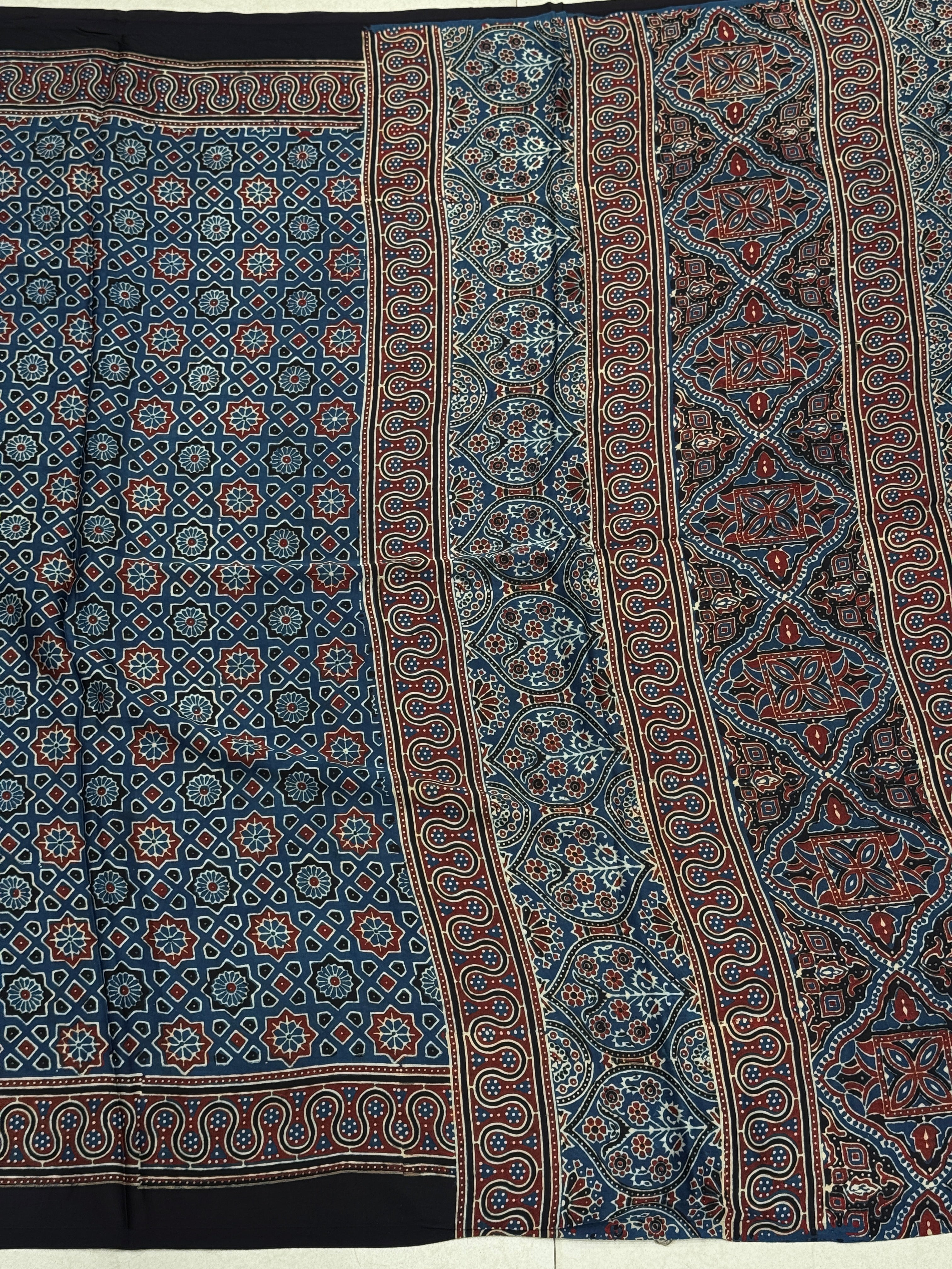 Blue Star Hand Block Print Ajrkah Pure Gajji Silk Saree