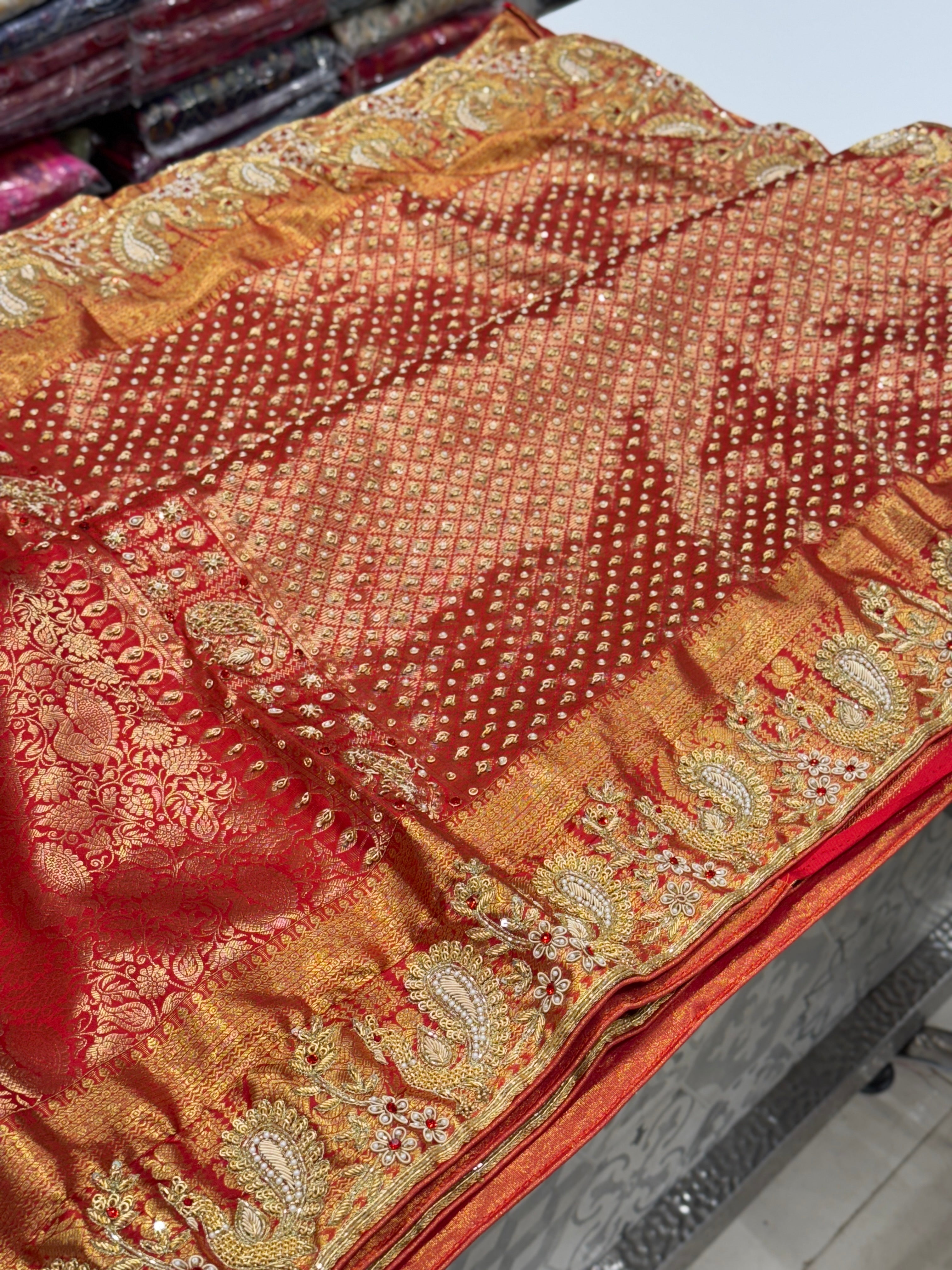 Red Kanjivaram Peacock Motif Zardozi Hand Embroidery Saree