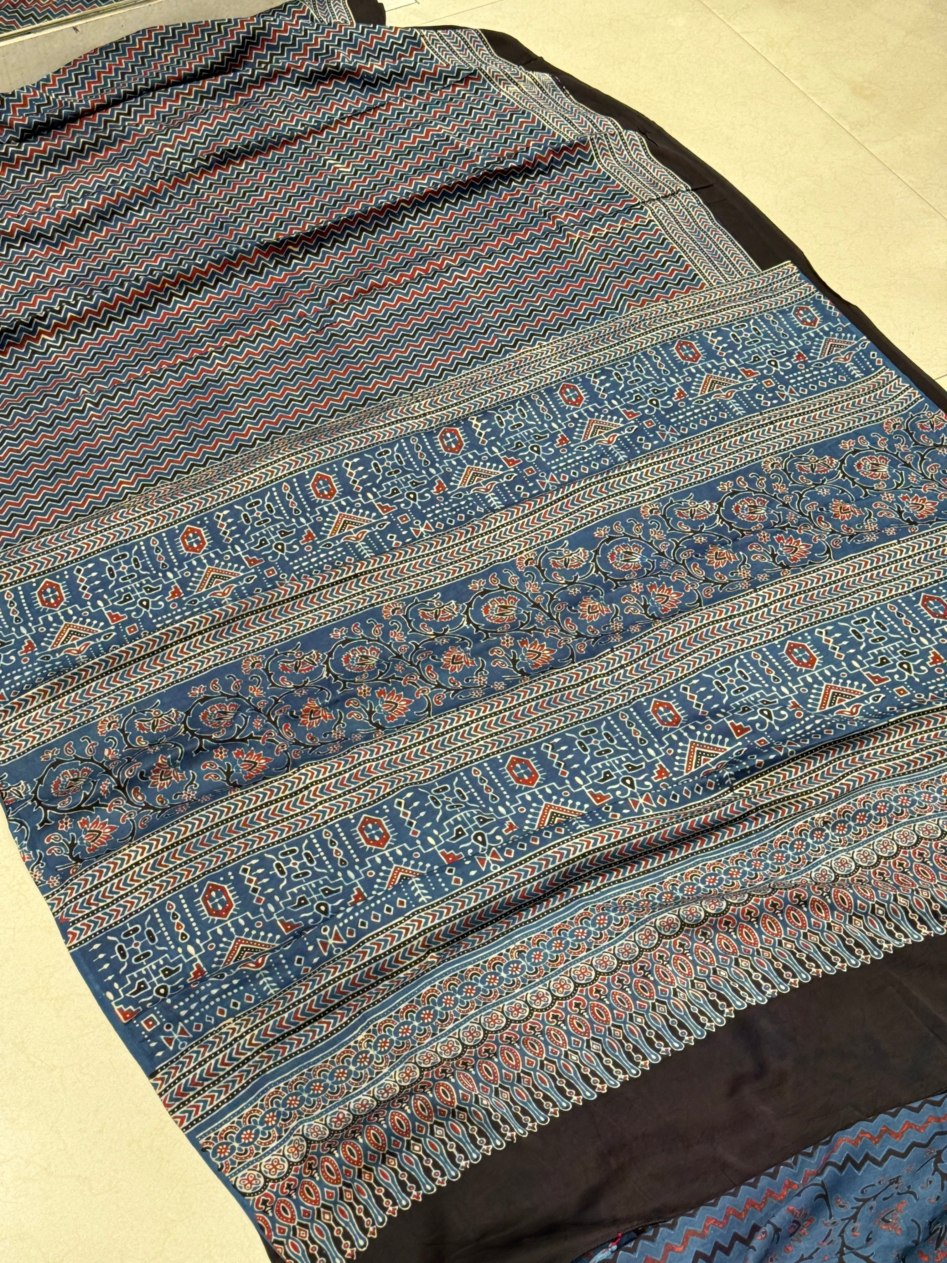 Blue Zig Zag Ajrakh Modal Gajji Silk Saree