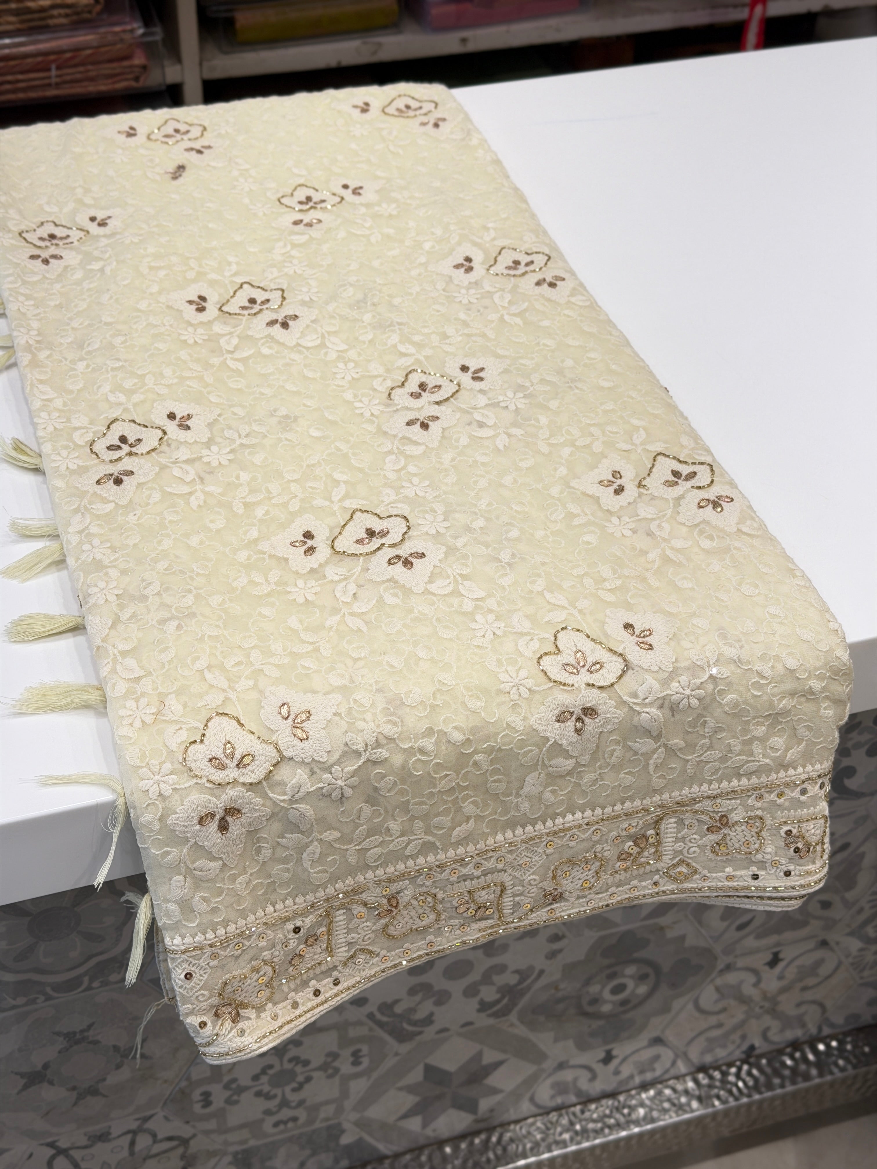 Moti White Chikankari Georgette Cutdana Embroidery Saree