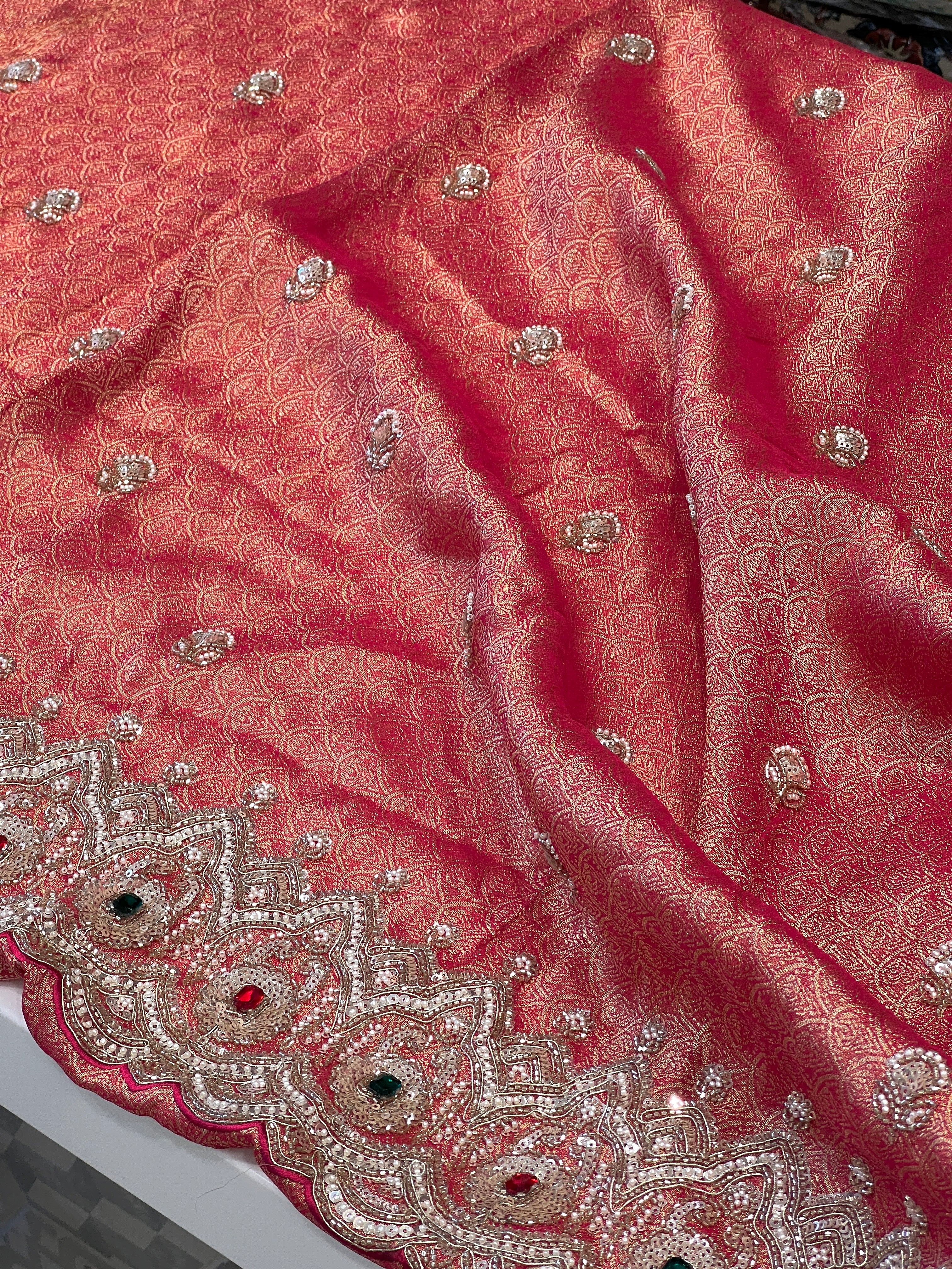 Reddish Rani Tissue Crepe Shikara Style Weave Crystal Embroidery Saree