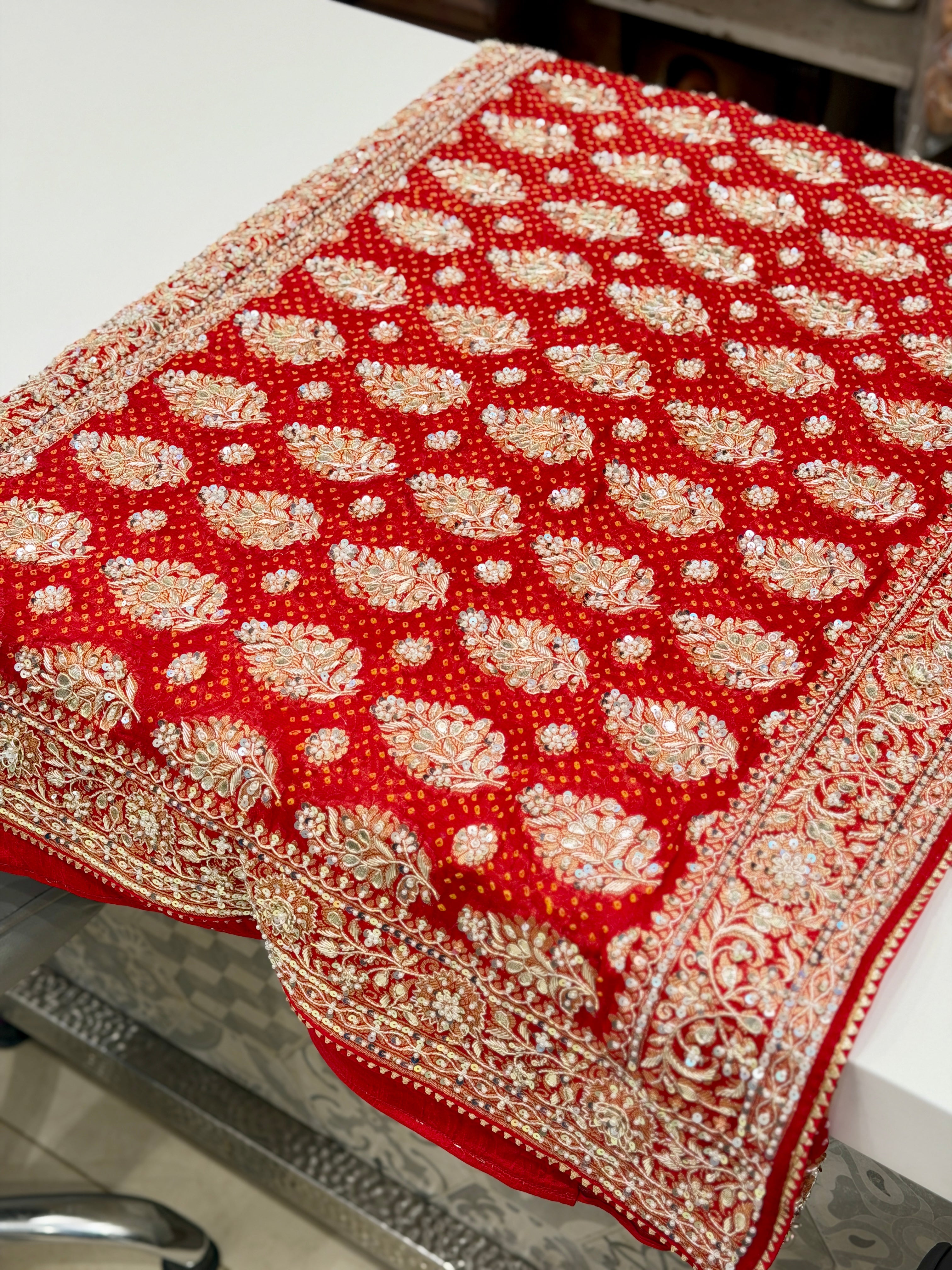 Red Bandhej Zardosi Hand Embroidery Saree