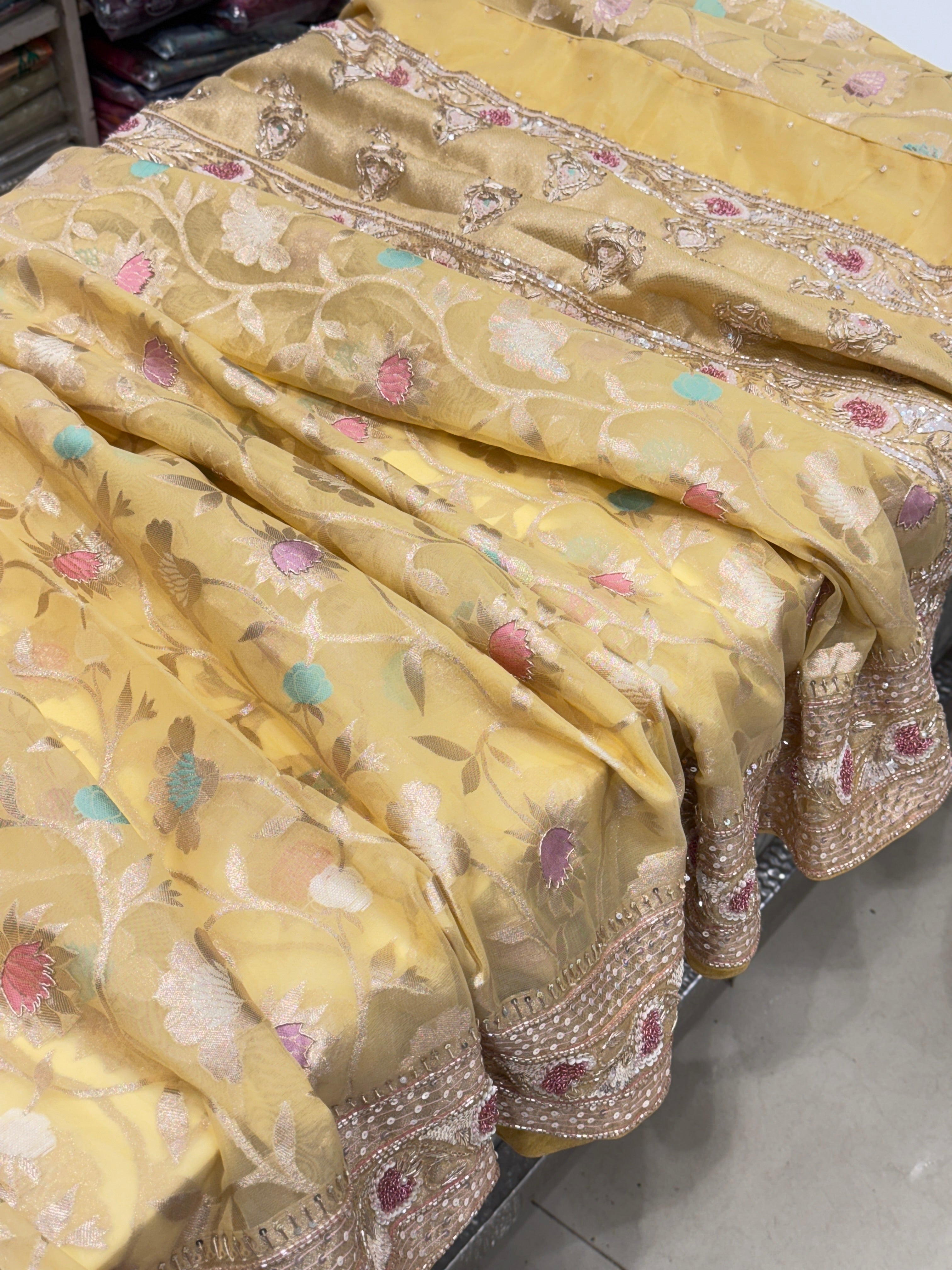 Yellow Meenakari Banarasi Kora Sequin Zardosi Hand Embroidery Saree