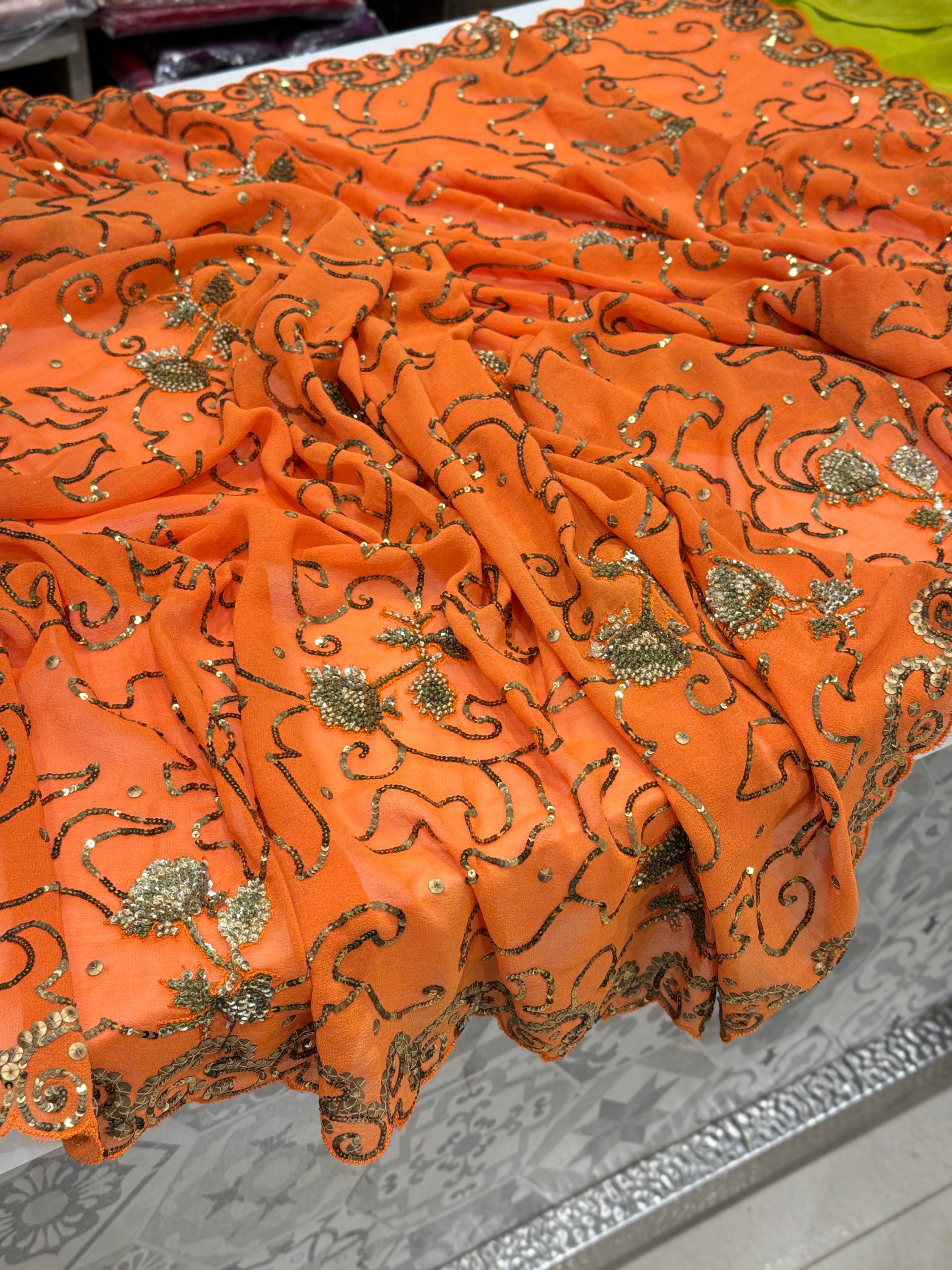 Orange Georgette Antique Sequin Hand Embroidery Saree