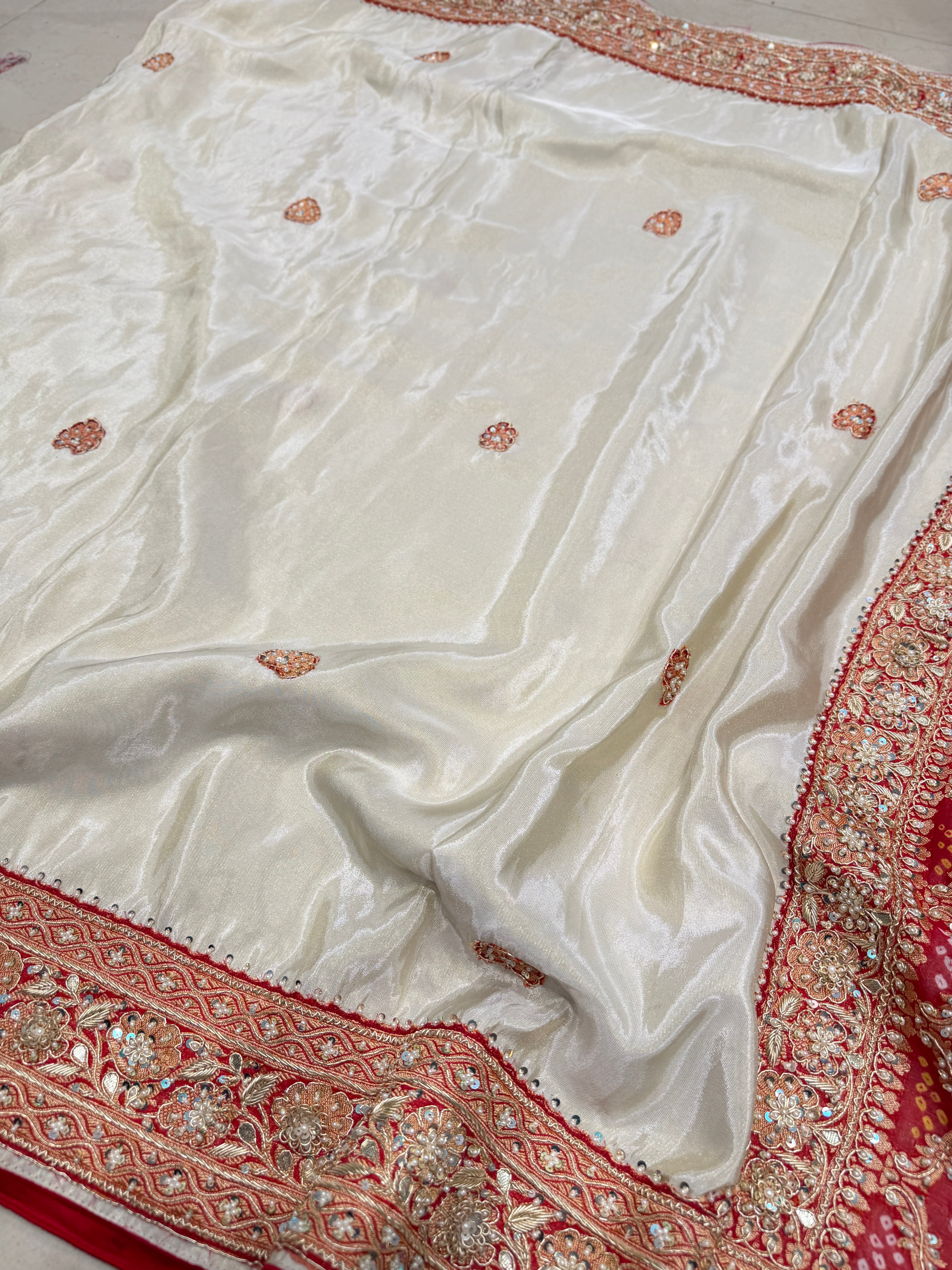 Ivory Banarasi Crepe Tissue Bandhej Patch Zardosi Hand Embroidery Saree