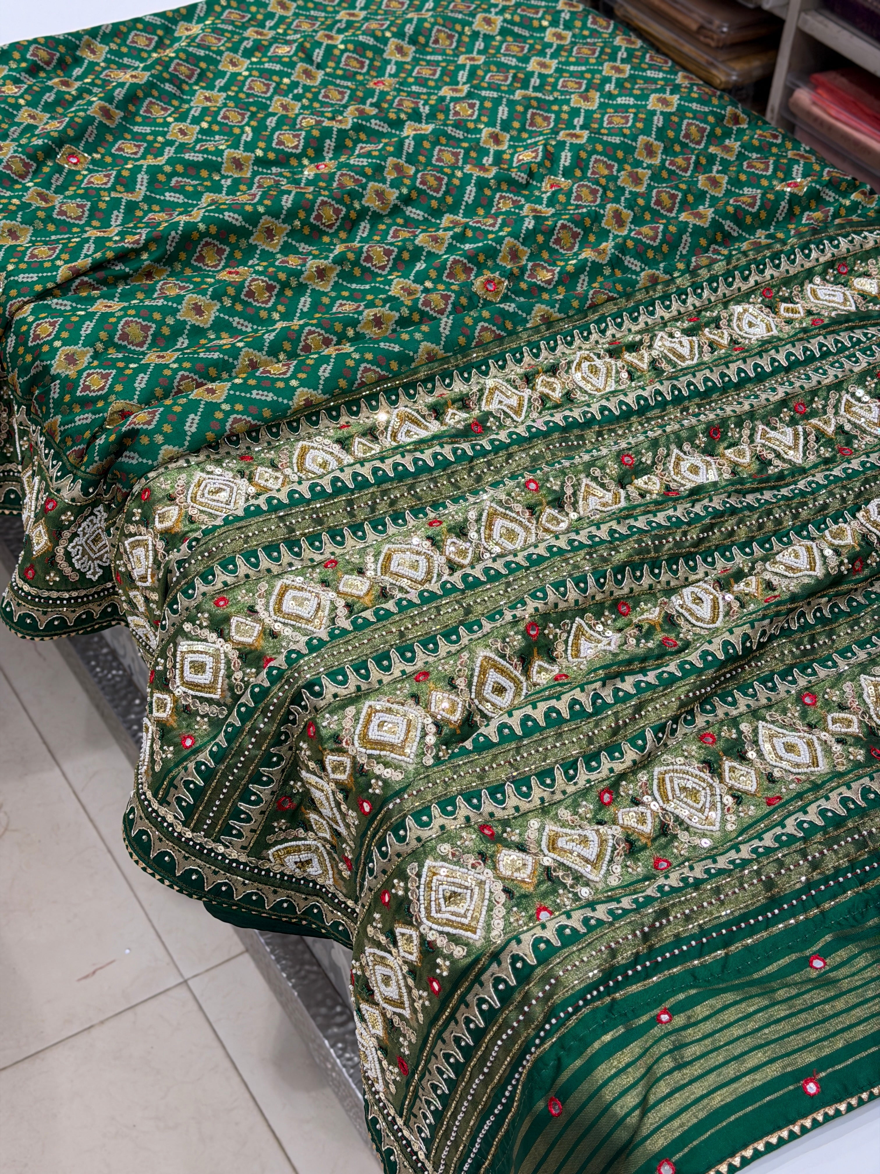 Bottle Green Patola Small Jaal Ikat Kidiya Moti Hand Embroidery Saree