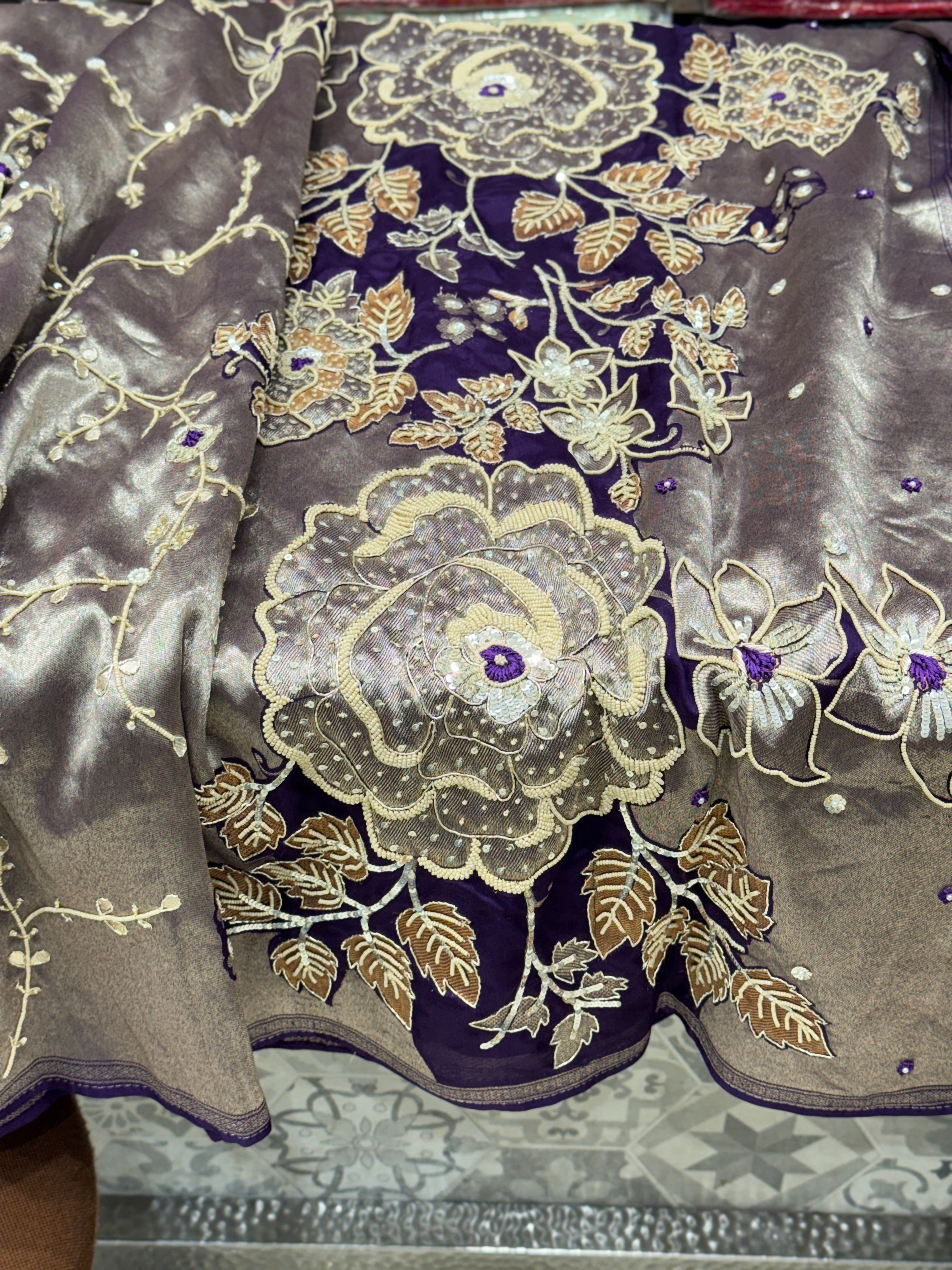 Violet Tissue Floral Pallu Zardosi Embroidery Saree