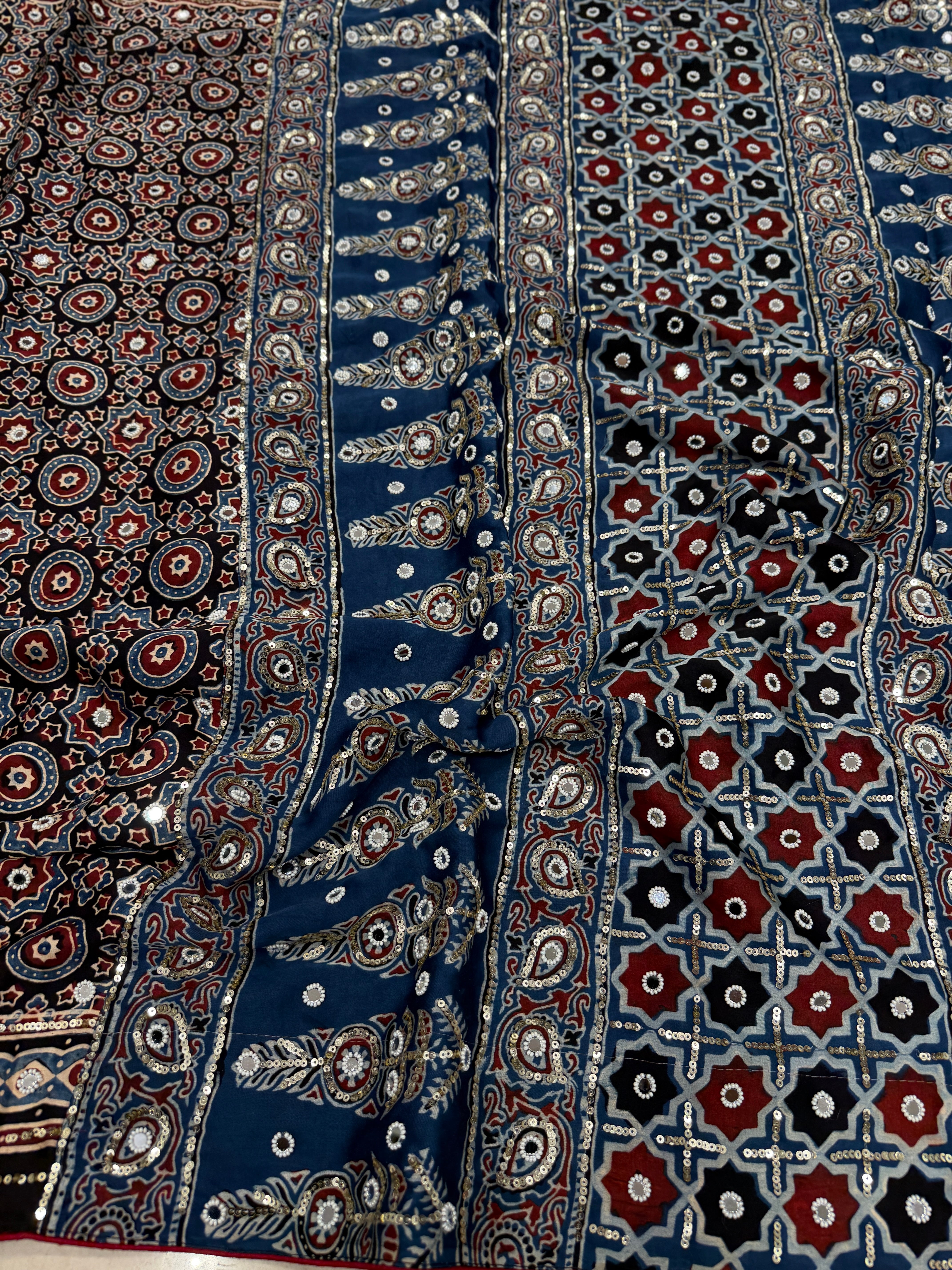 Blue Black Ajrakh Jaal Real Mirror Moti Sequin Hand Embroidery Saree