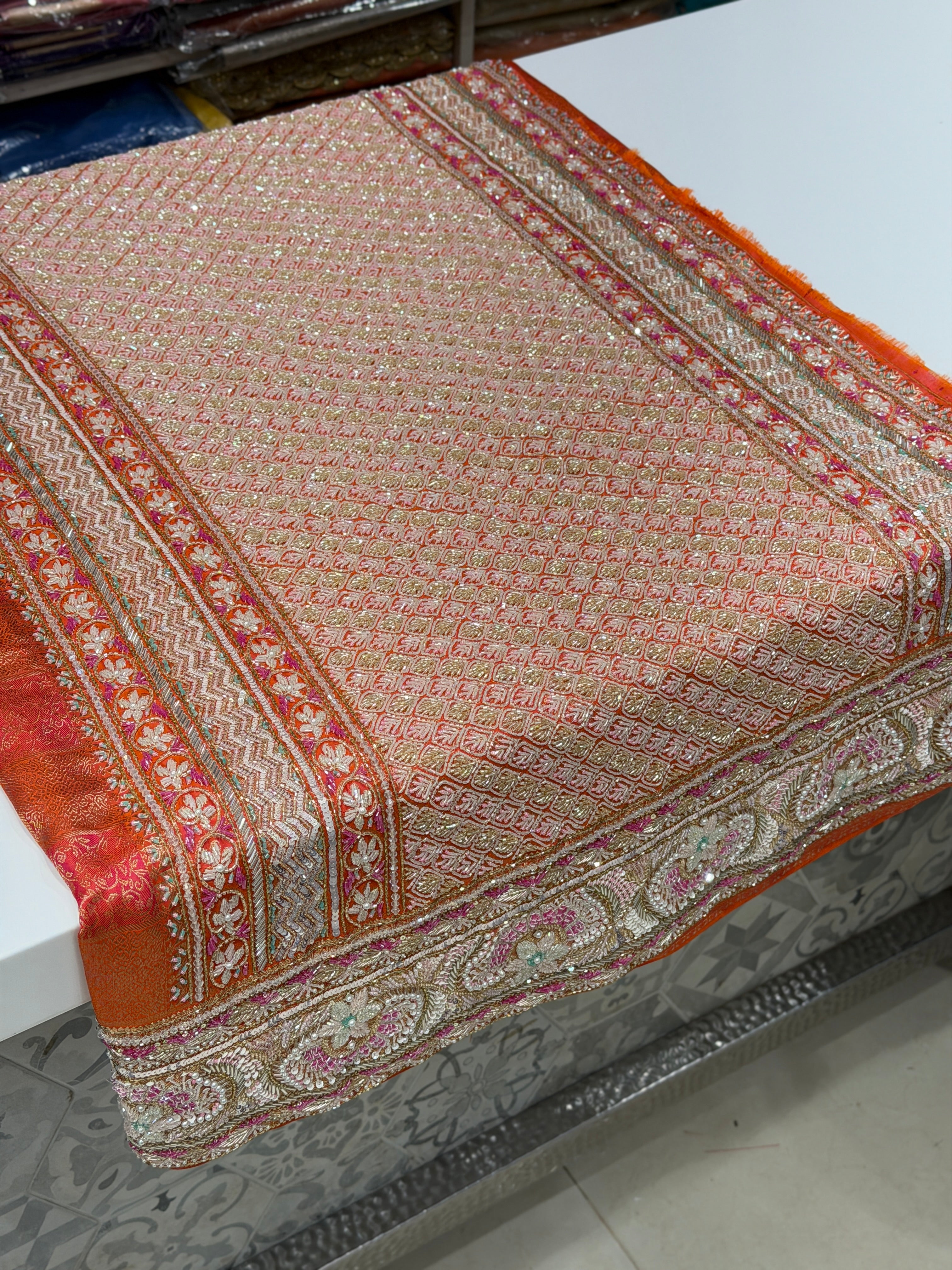 Rust Orange Kanjivaram Moti Zardosi Hand Embroidery Saree