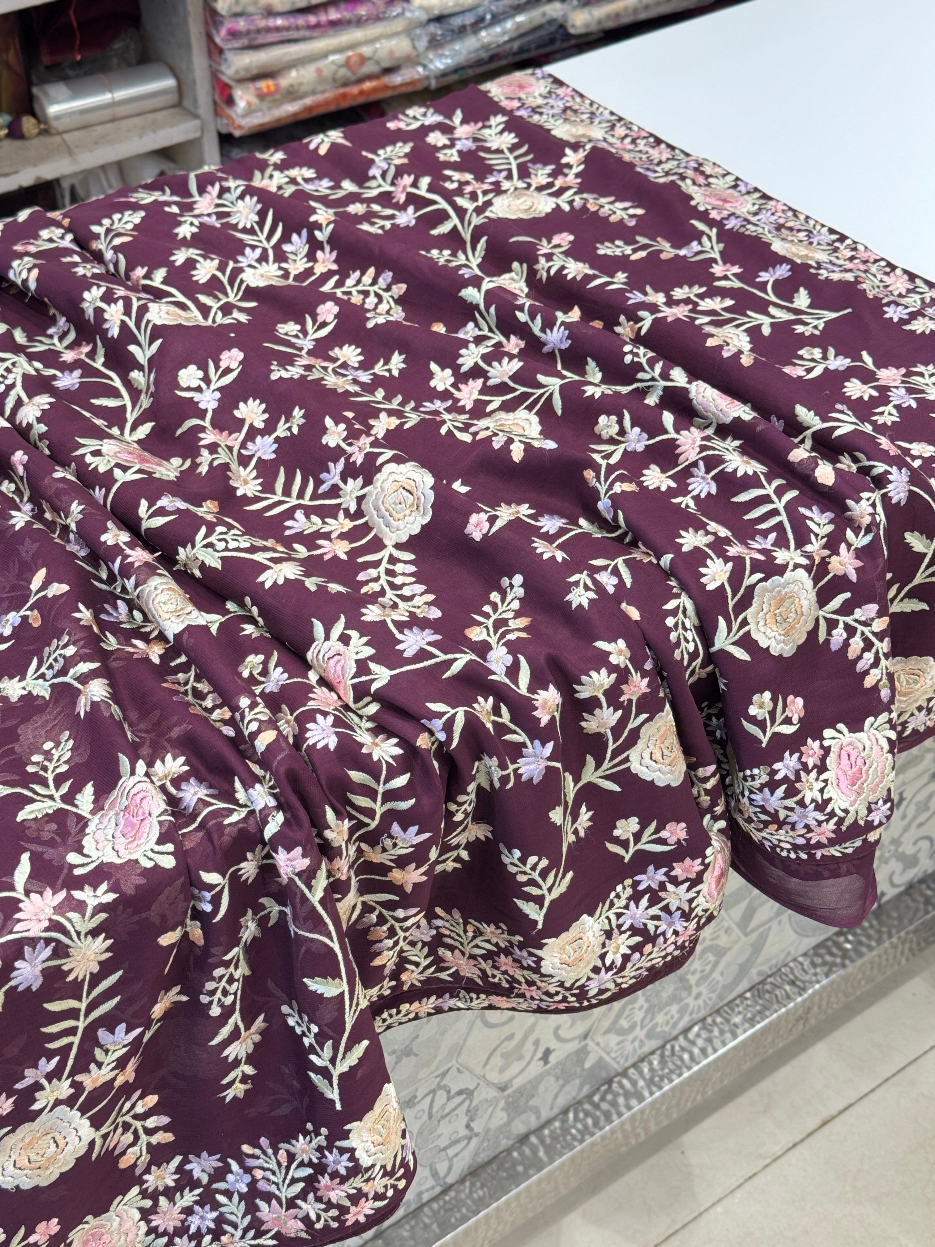 Wine Floral Parsi Gara Jaal Saree