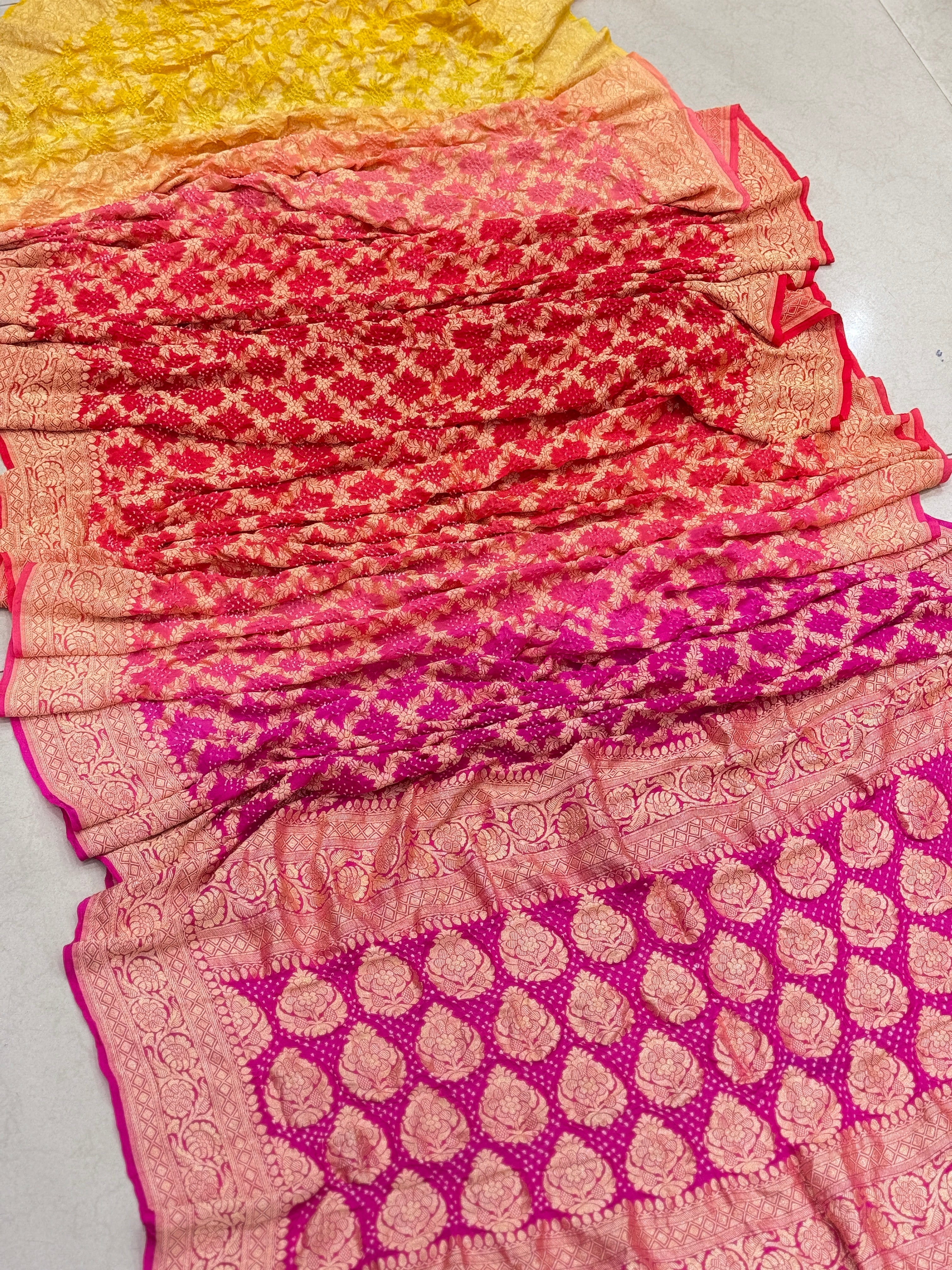 Shaded Rani Six Colour Bandhej Bandhini Saree