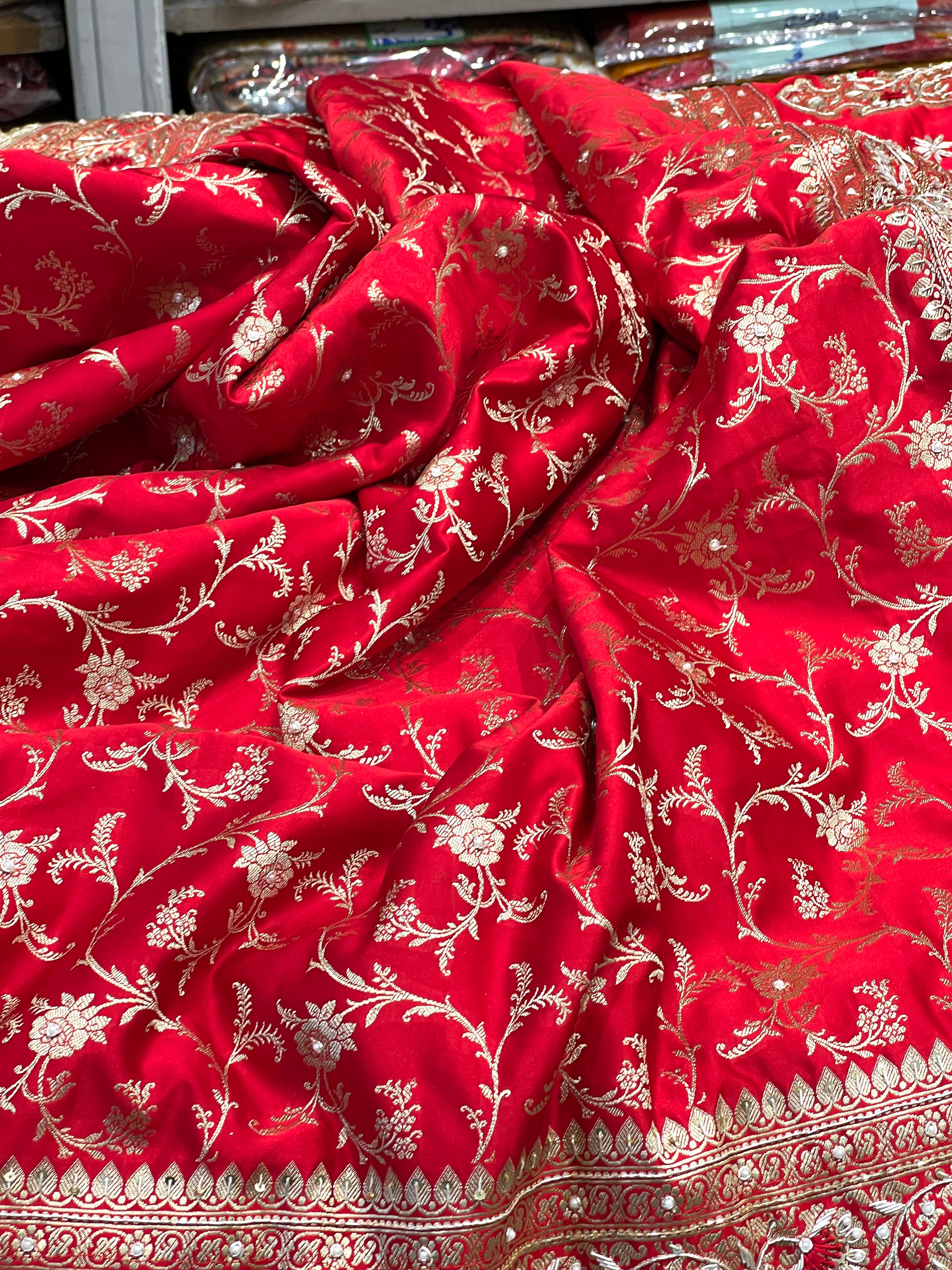 Red Banarasi Rose Jaal Resham Hand Embroidery Saree