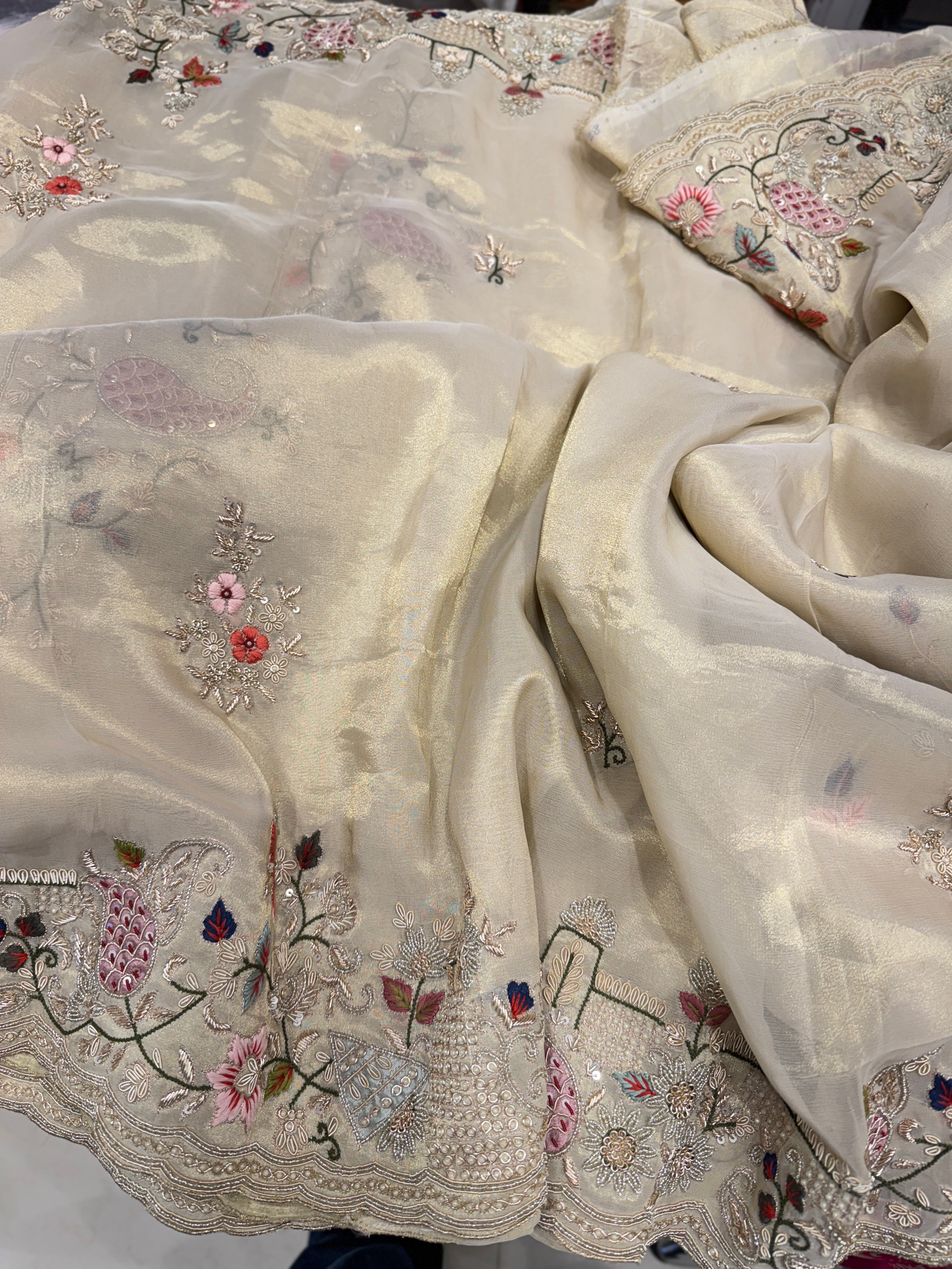 Tissue Hand Embroidery Patch Work Zardosi Saree