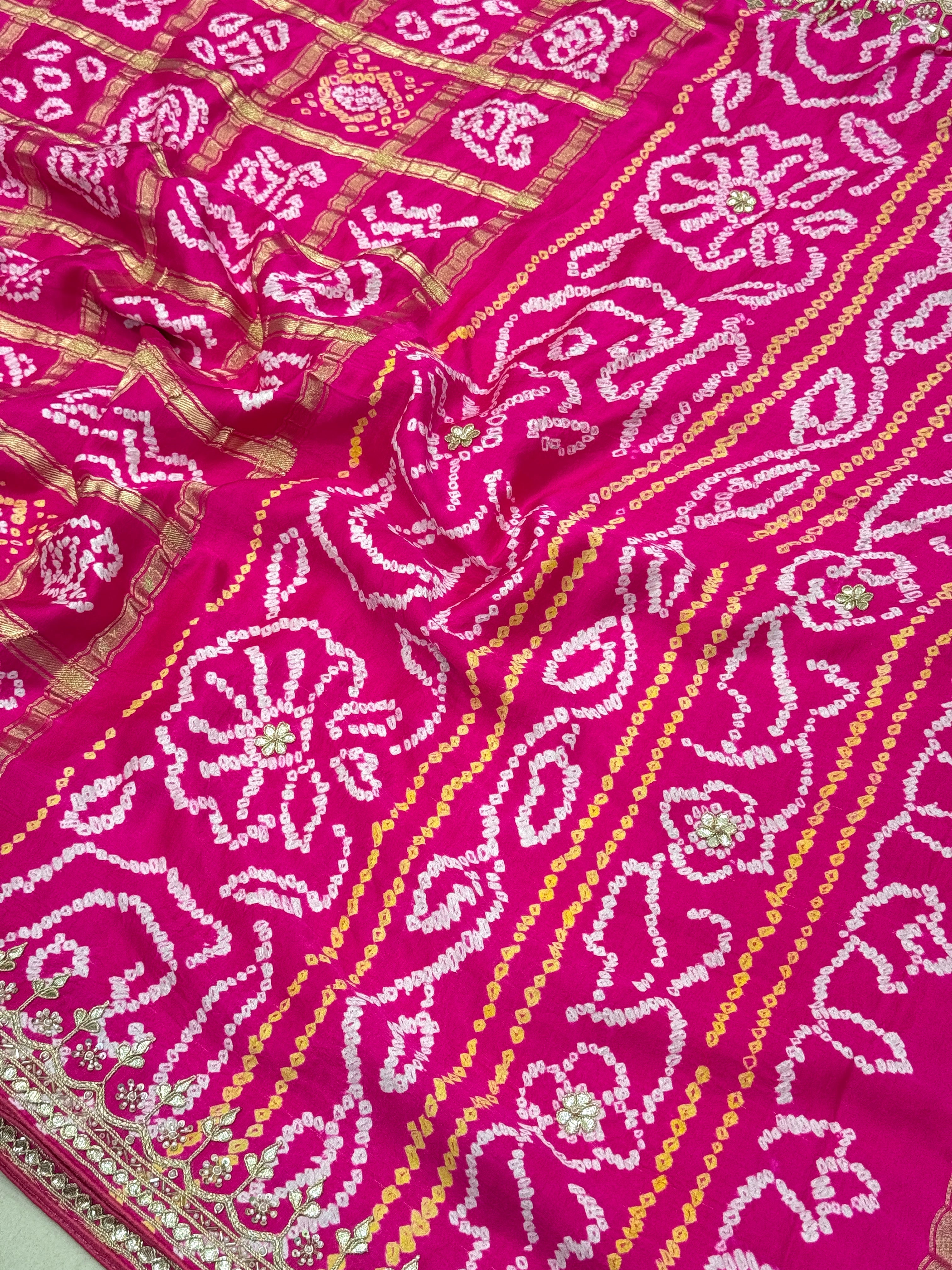 Rani Pink Bandhej Gharchola Gajji Silk Hand Done Gotapatti Saree