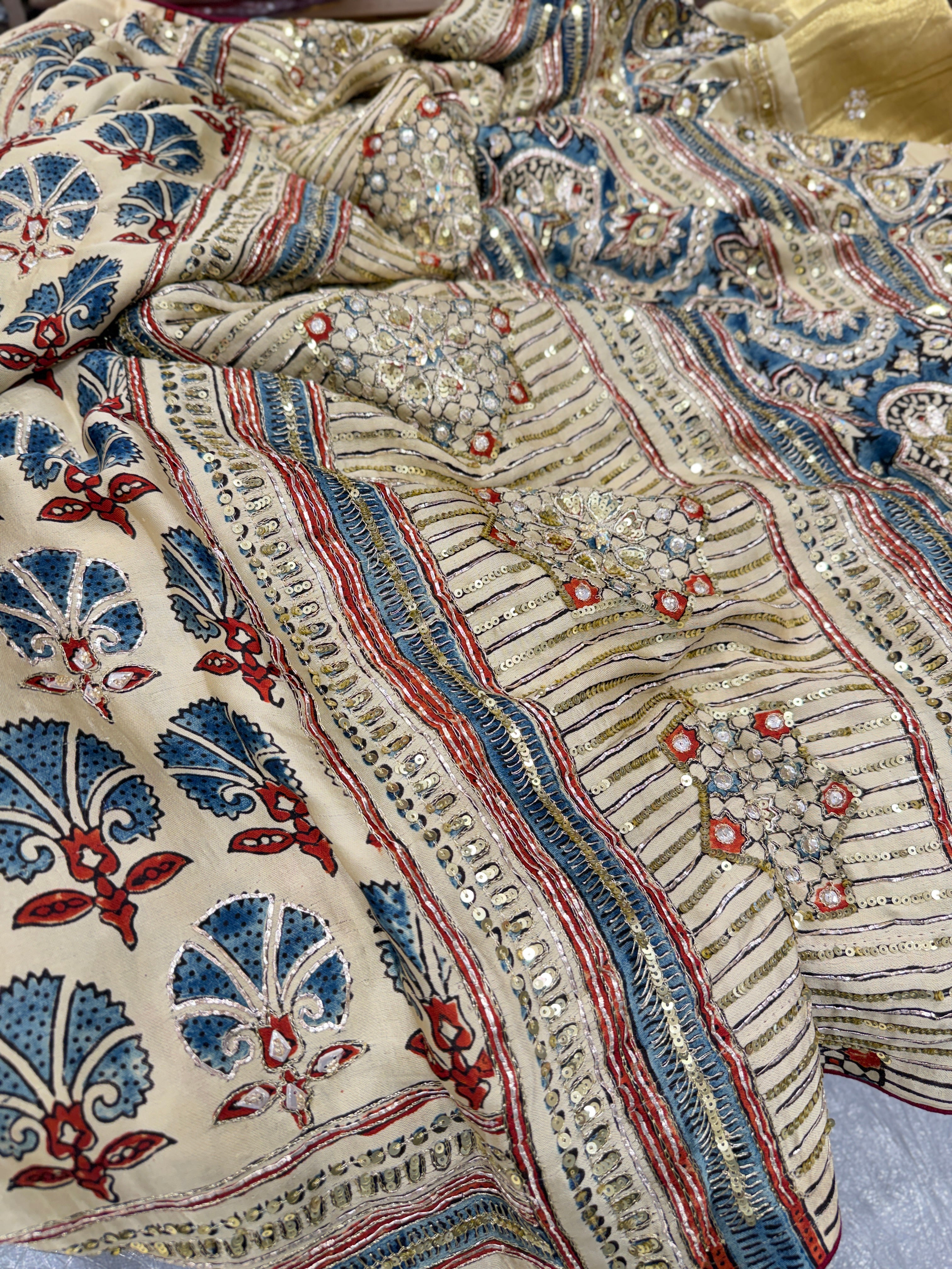 White Buttas Zardosi Sequin Ajrakh Hand Embroidery Saree