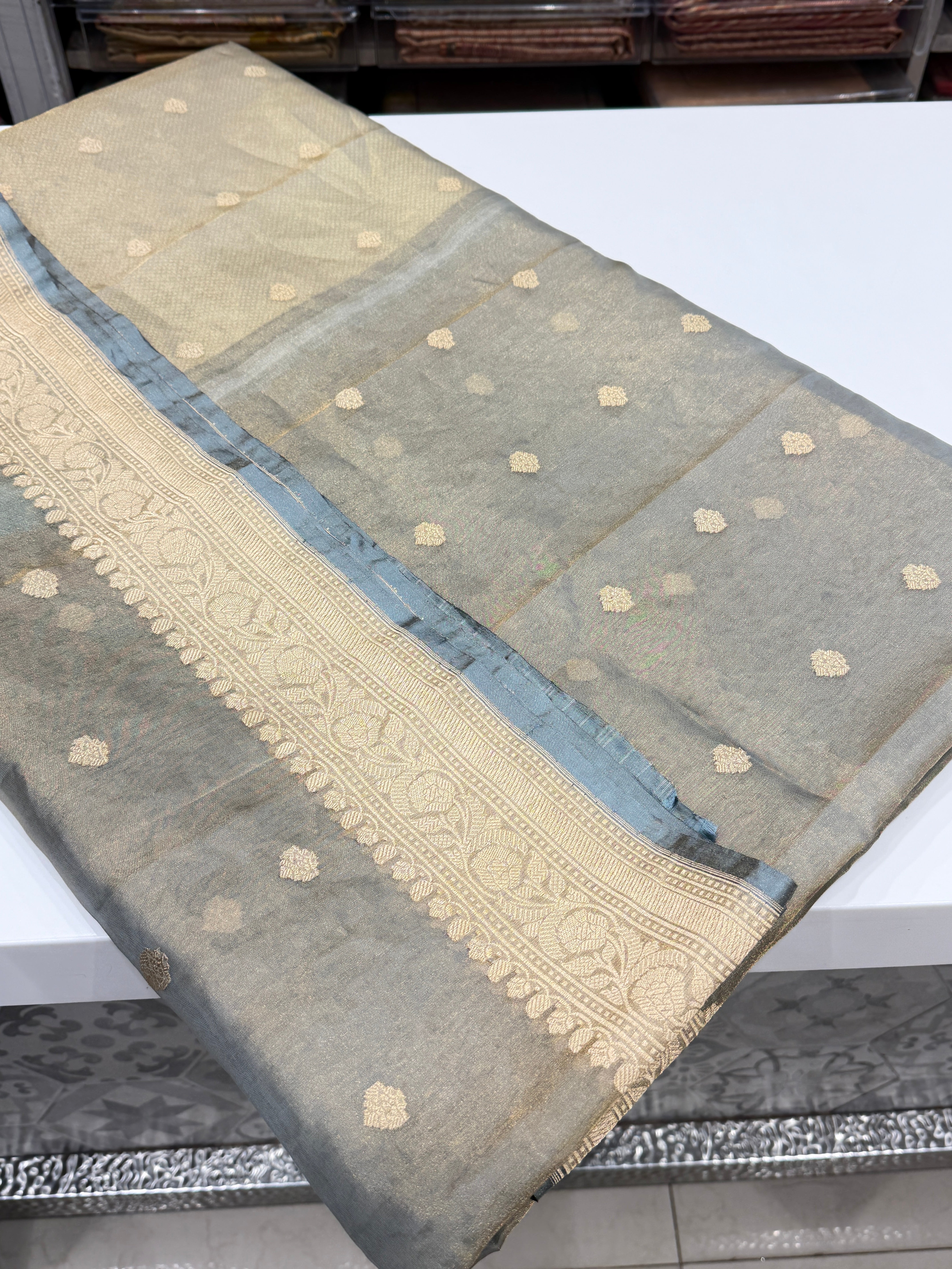 Cement Blue Handloom Banarasi Tissue Kadwa Buttis Saree