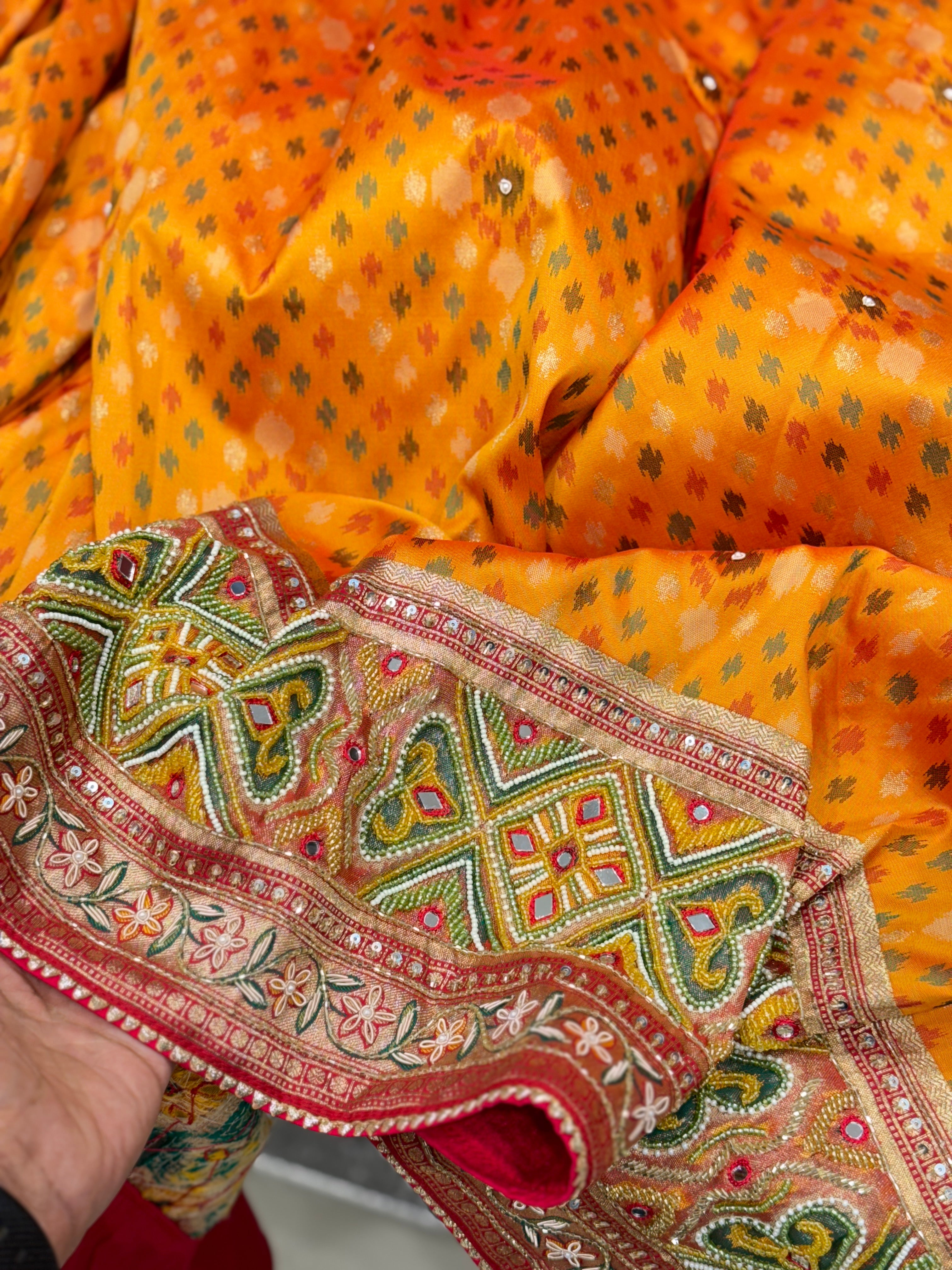 Orange Patola Moti Embroidery Saree