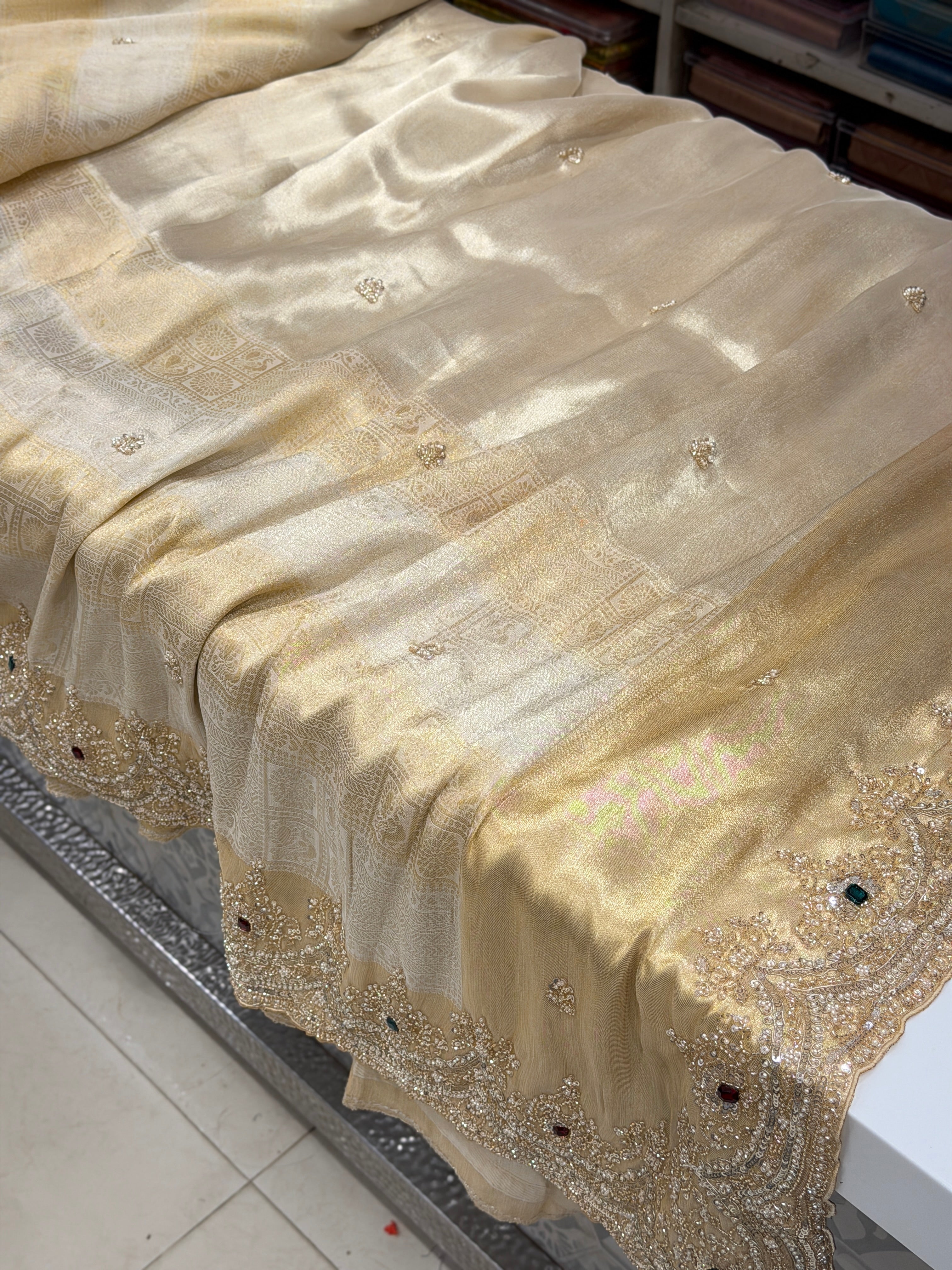 Gold Tissue Crepe Kanchi Style Weave Crystal Embroidery Saree