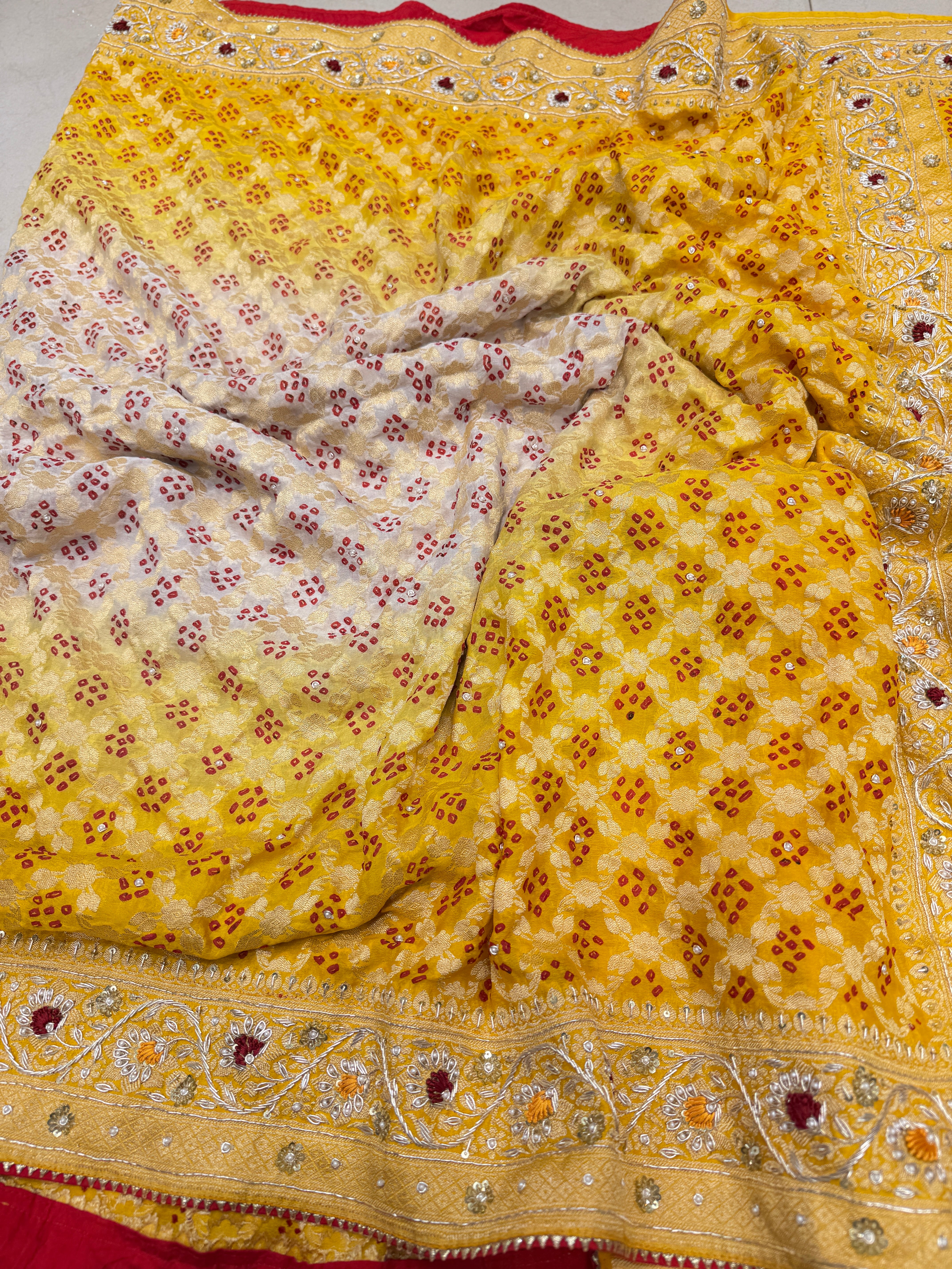 Yellow Bandhej Embroidery Saree