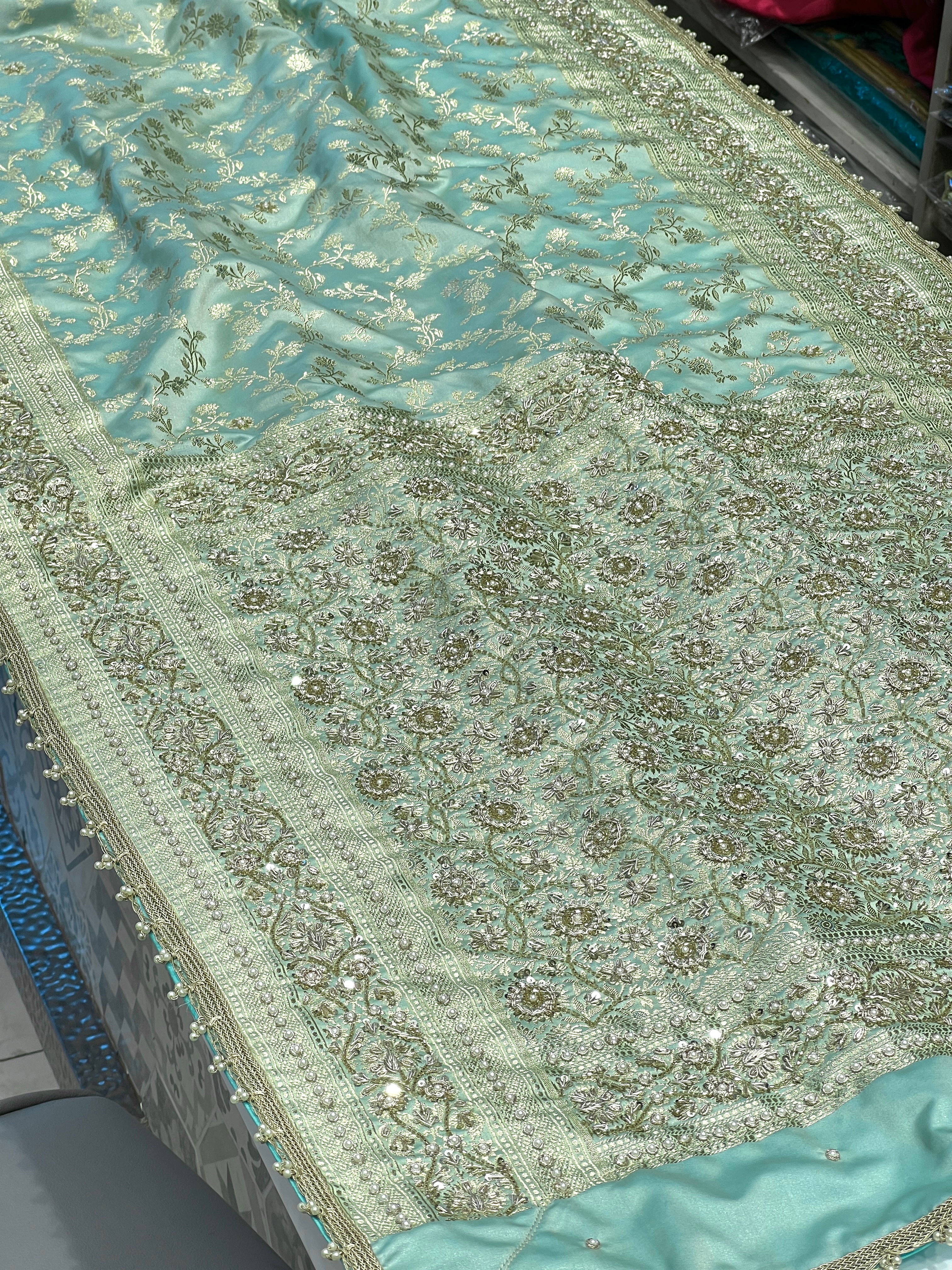 Green Banarasi Silk Jaal Moti Hand Embroidery Saree