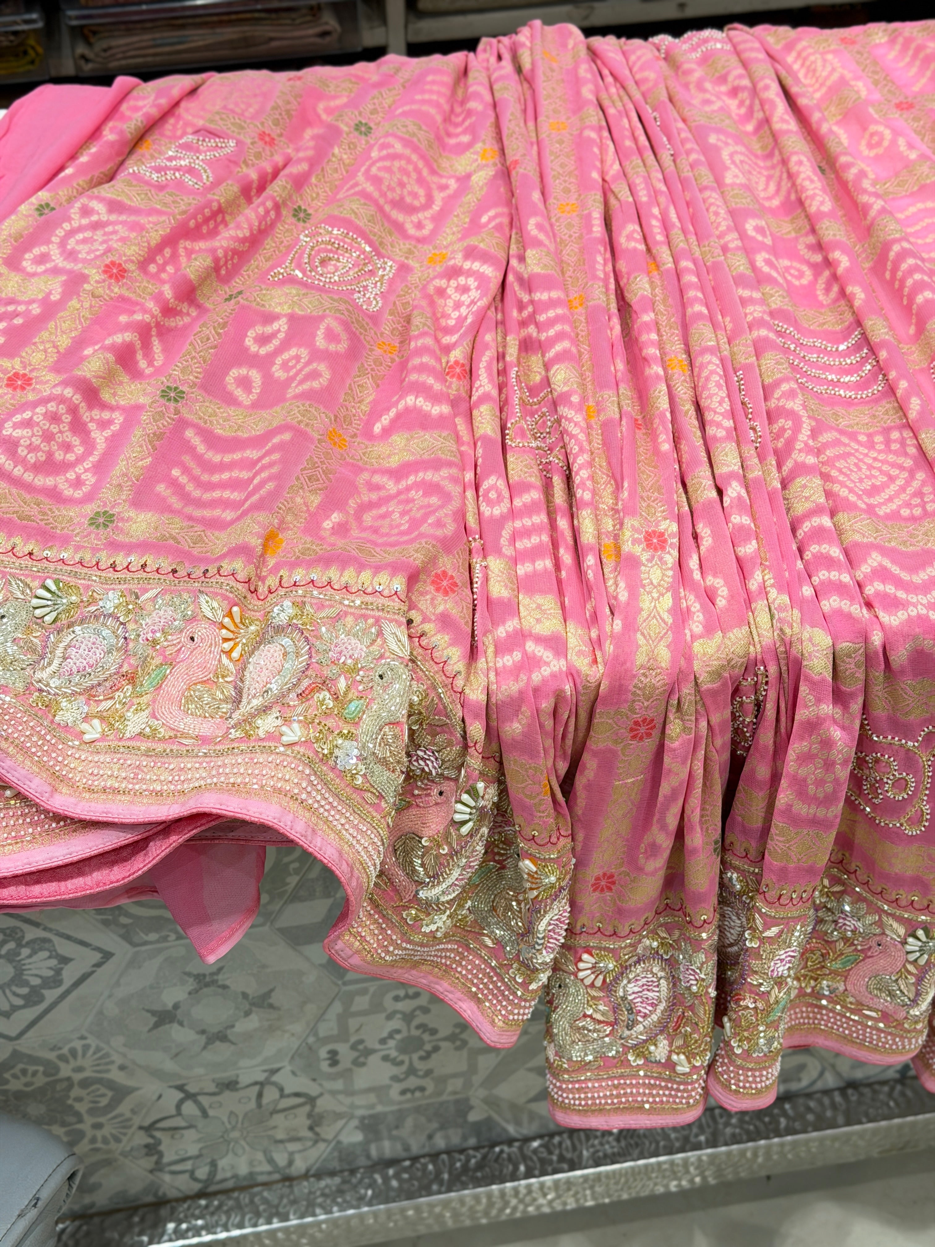 Pink Gharchola Moti Sequin Zardosi Hand Embroidery Georgette Saree