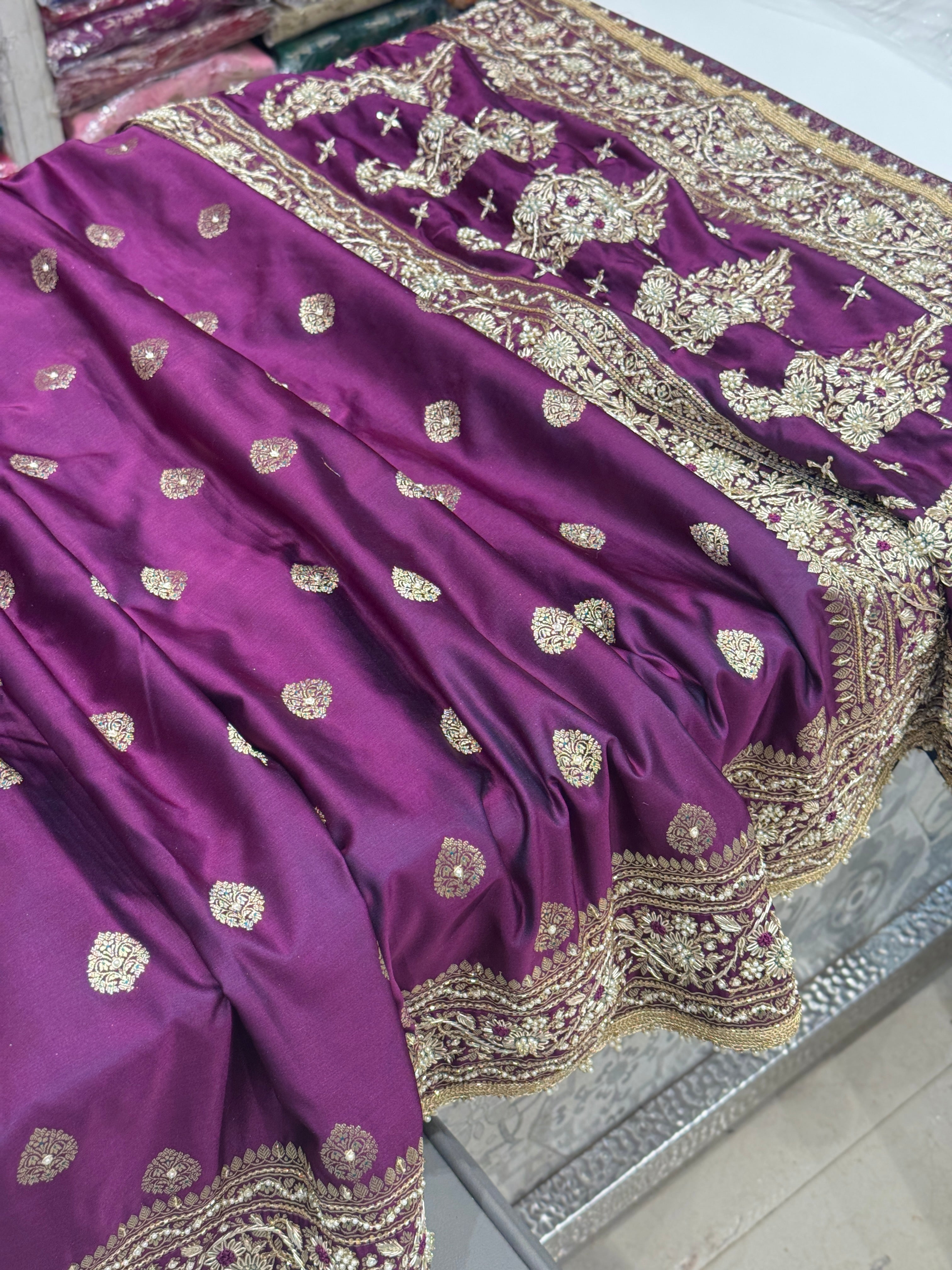 Violet Banarasi Silk Butta Hand Embroidery Saree