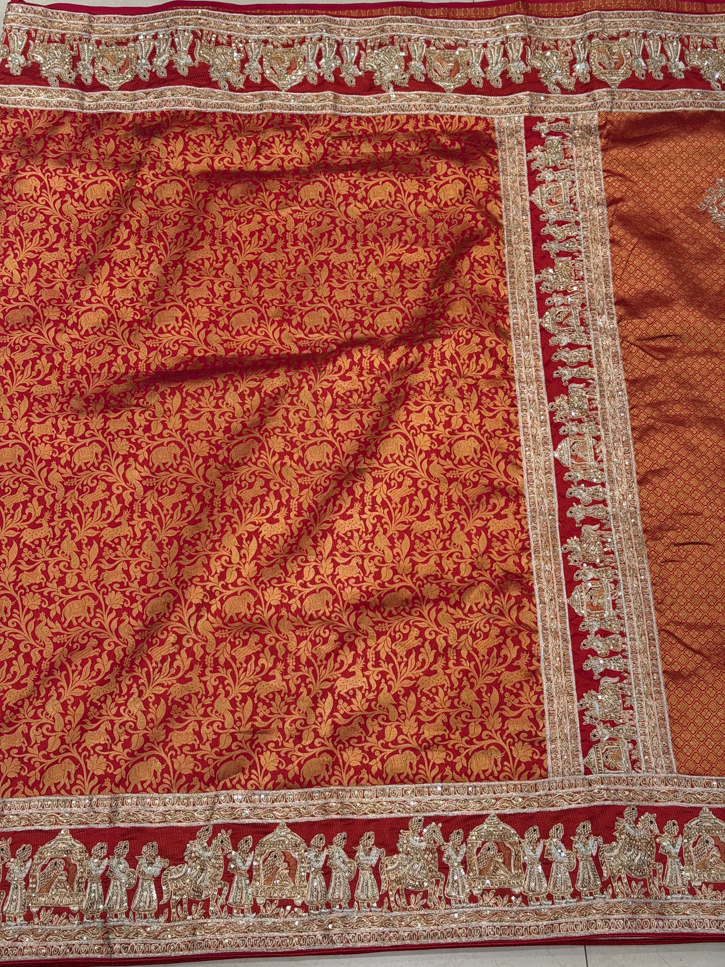 Red Silk Kanjivaram Zardozi Doli Hand Embroidery Saree