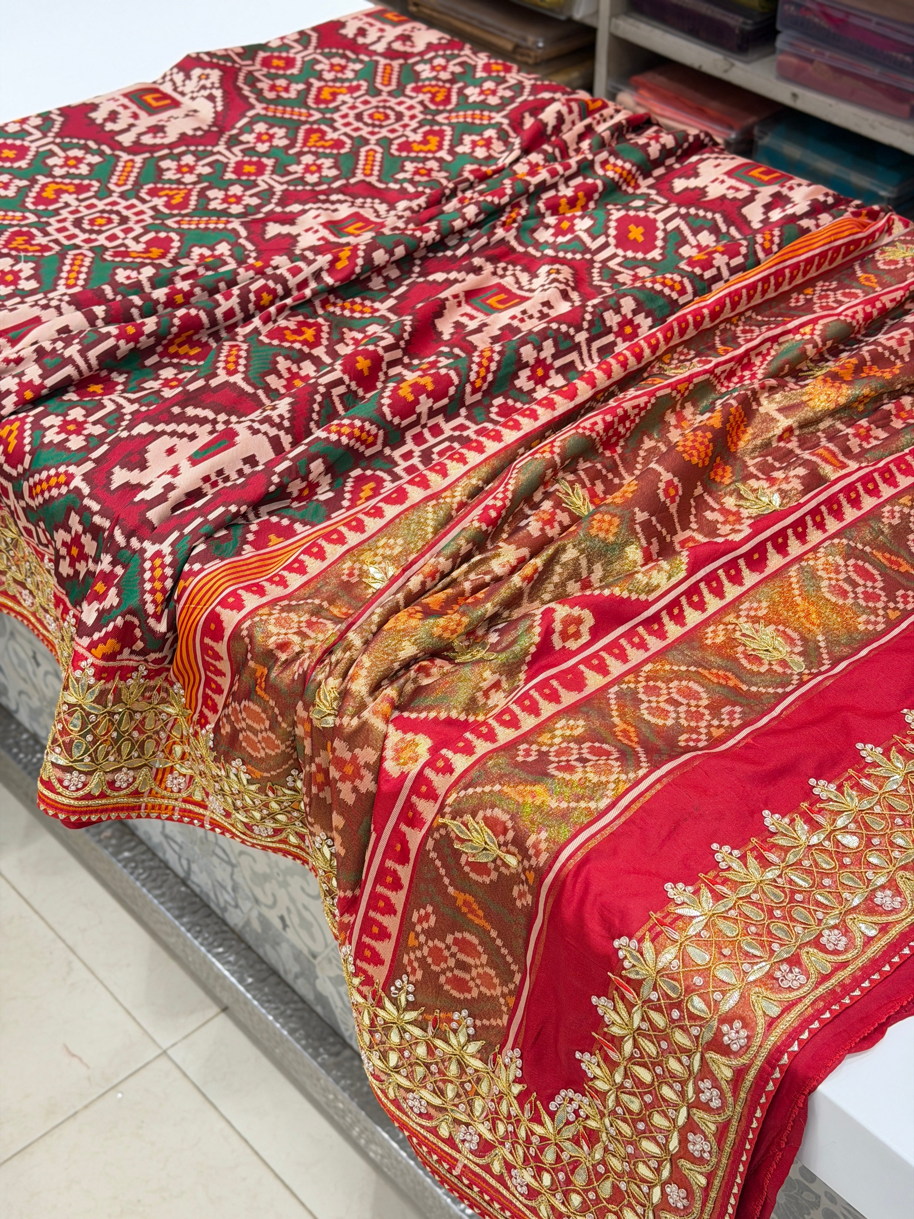 Maroon Green Chabdi Elephant Gotapatti Hand Embroidery Saree