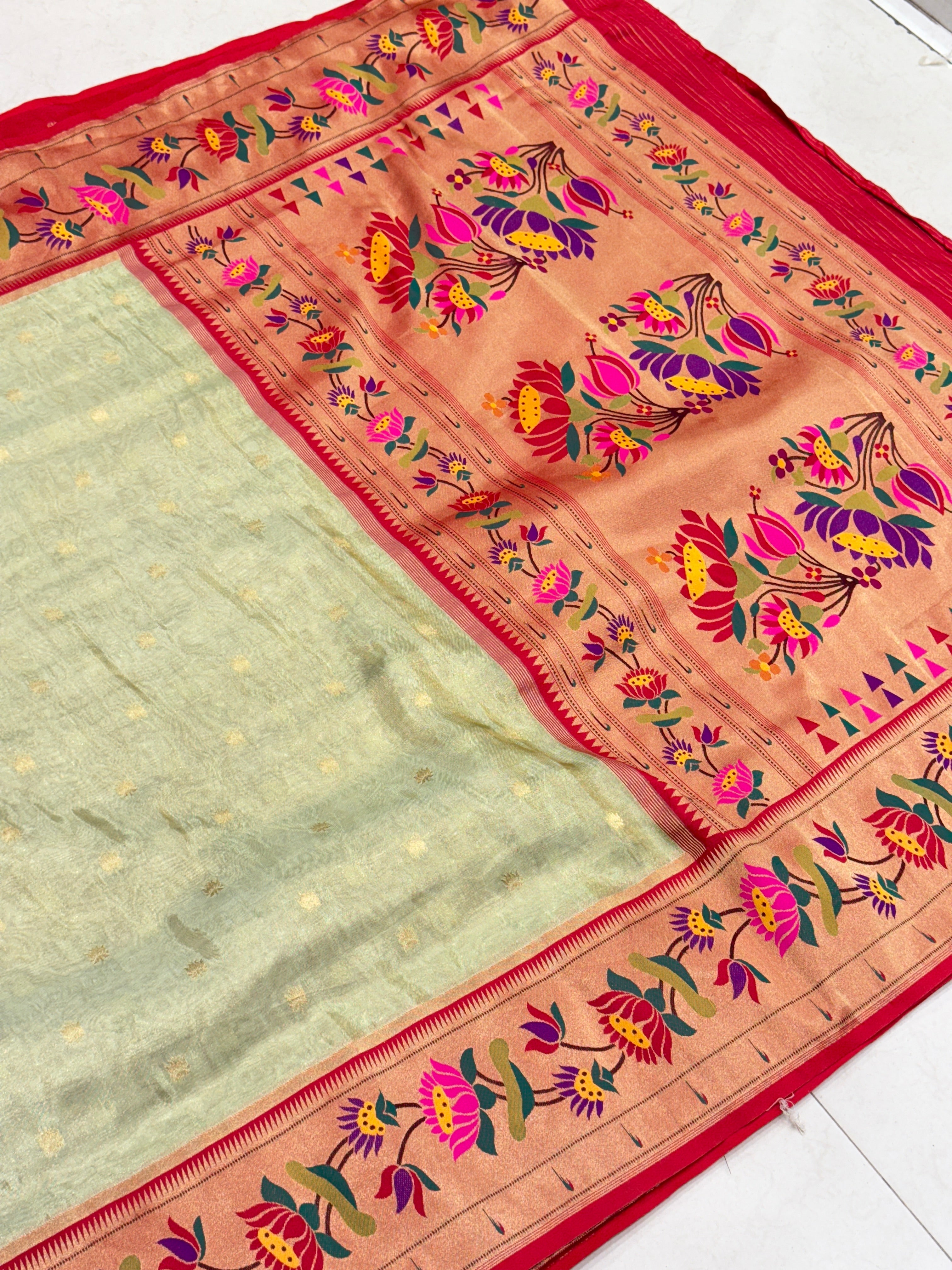 Pista Green Tissue Paithani Lotus Border Saree