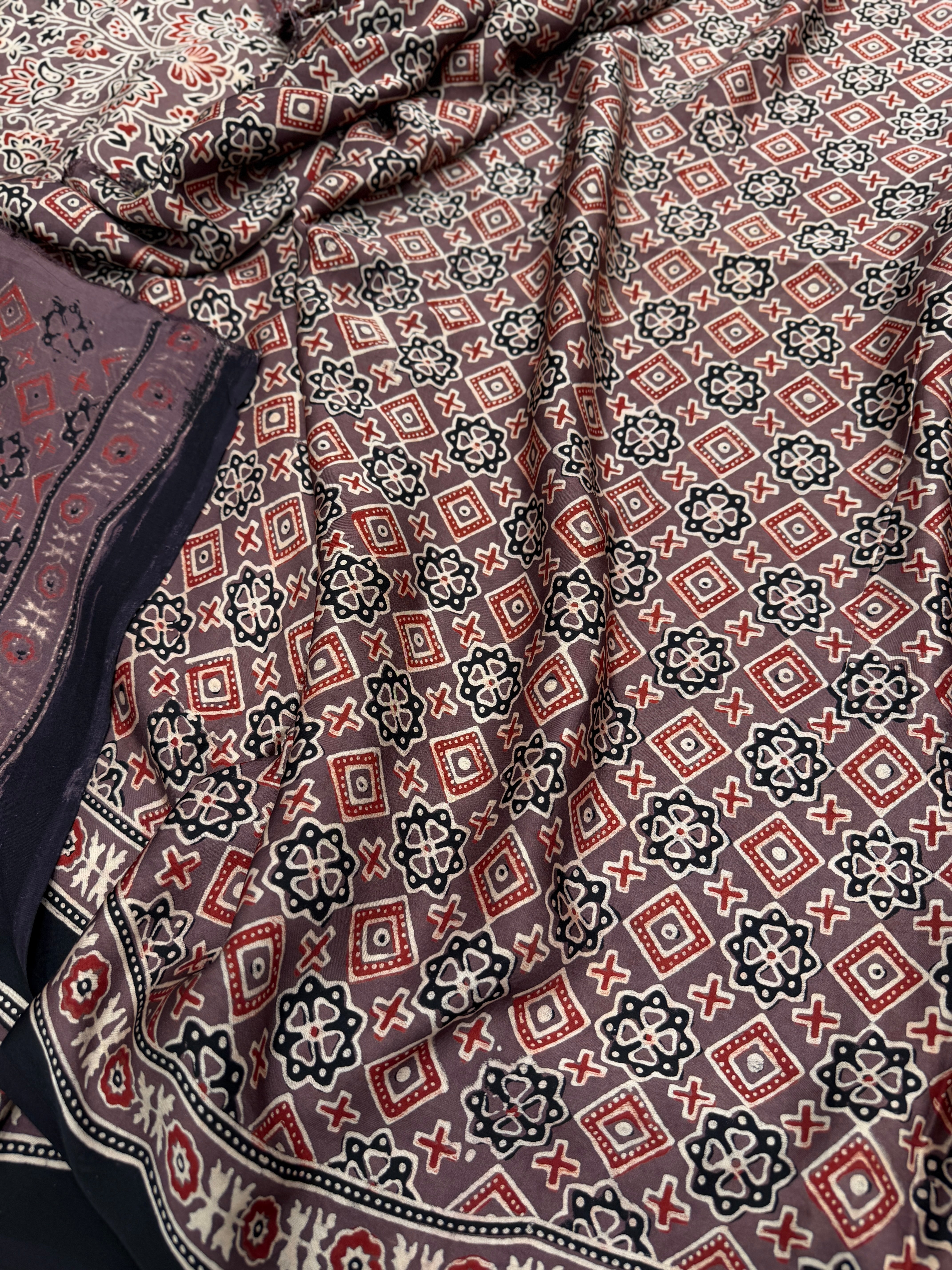 Brown Jaal Ajrakh Hand Block Print Pure Gajji Silk Saree