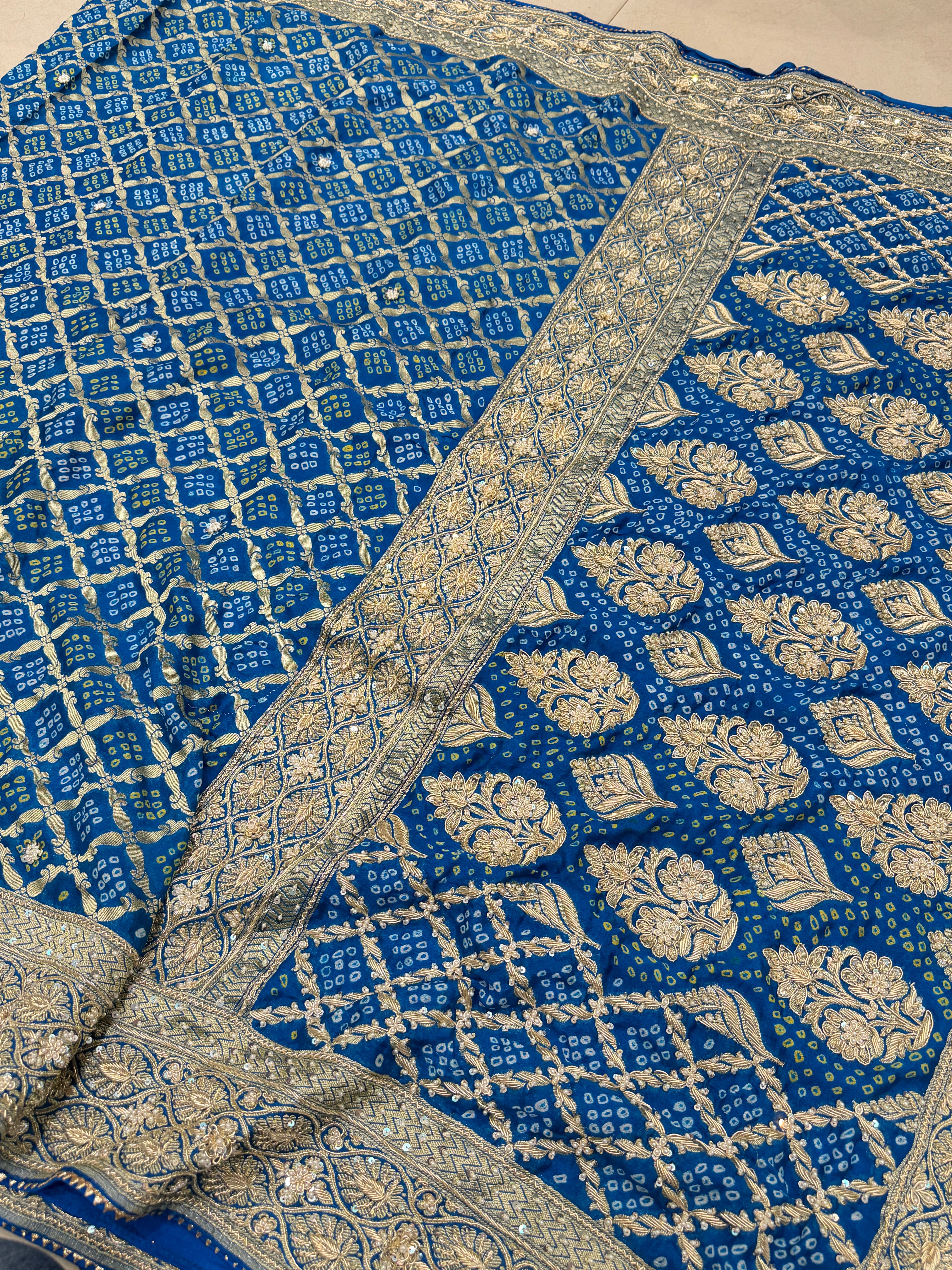 Blue Bandhej Zardosi Hand Embroidery Georgette Saree