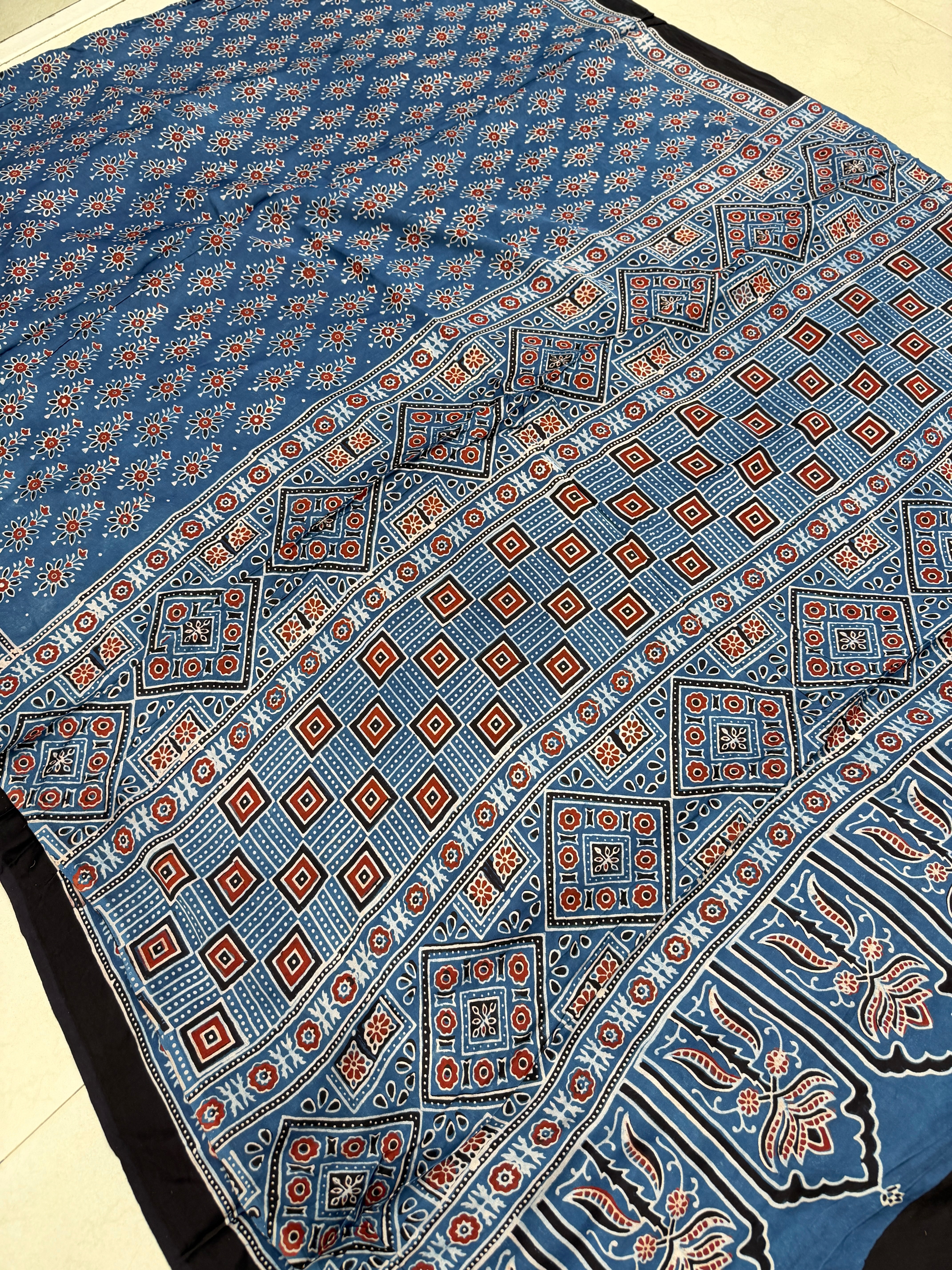 Blue Makkhi Buttis Ajrakh Hand Block Print Pure Gajji Silk Saree