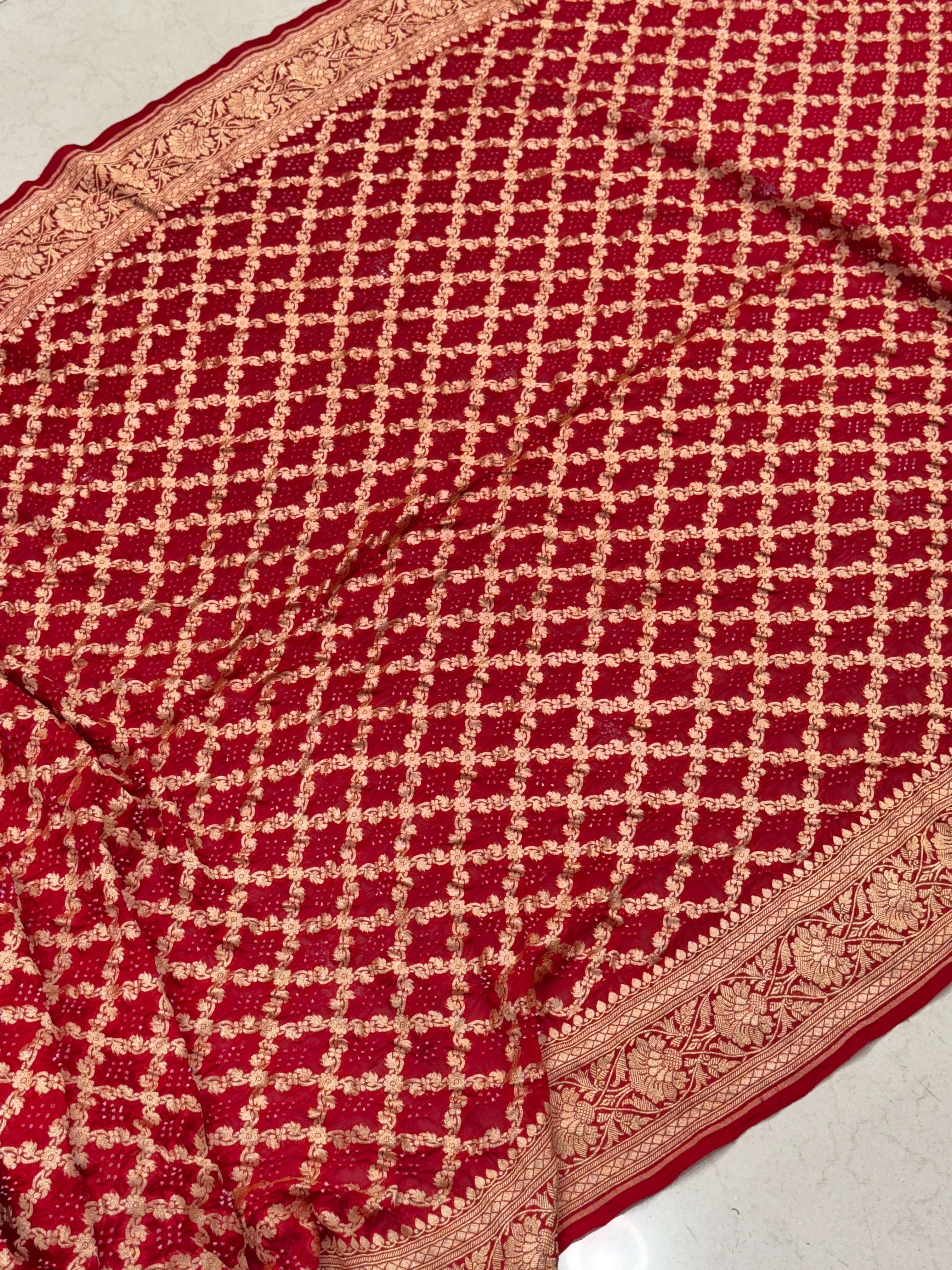 Red Bandhej Big Flower Border Bandhini Saree