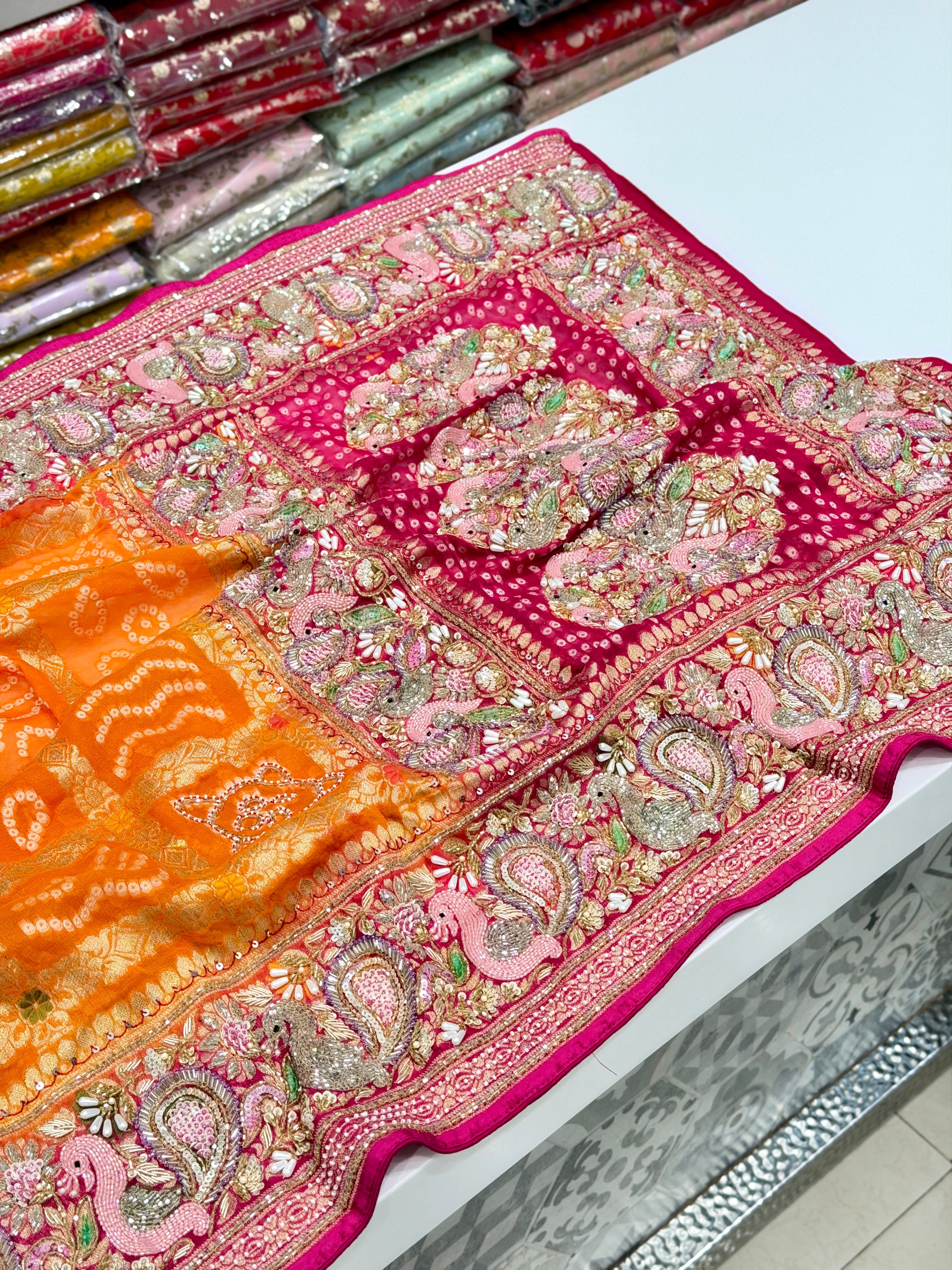 Orange Rani Gharchola Moti Sequin Zardosi Hand Embroidery Georgette Saree
