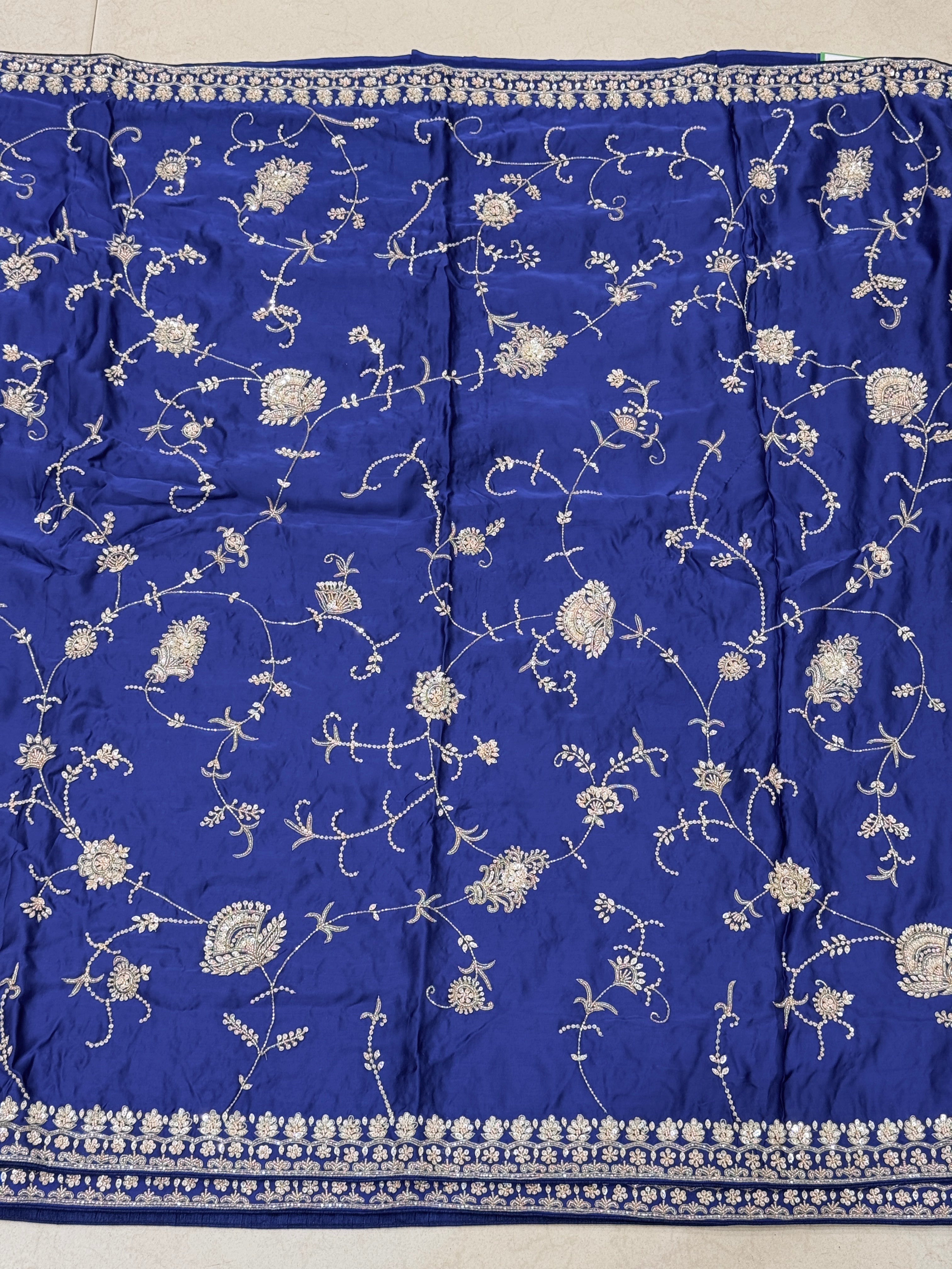 Blue Satin Silk Moti Sequin Jaal Hand Embroidery Saree