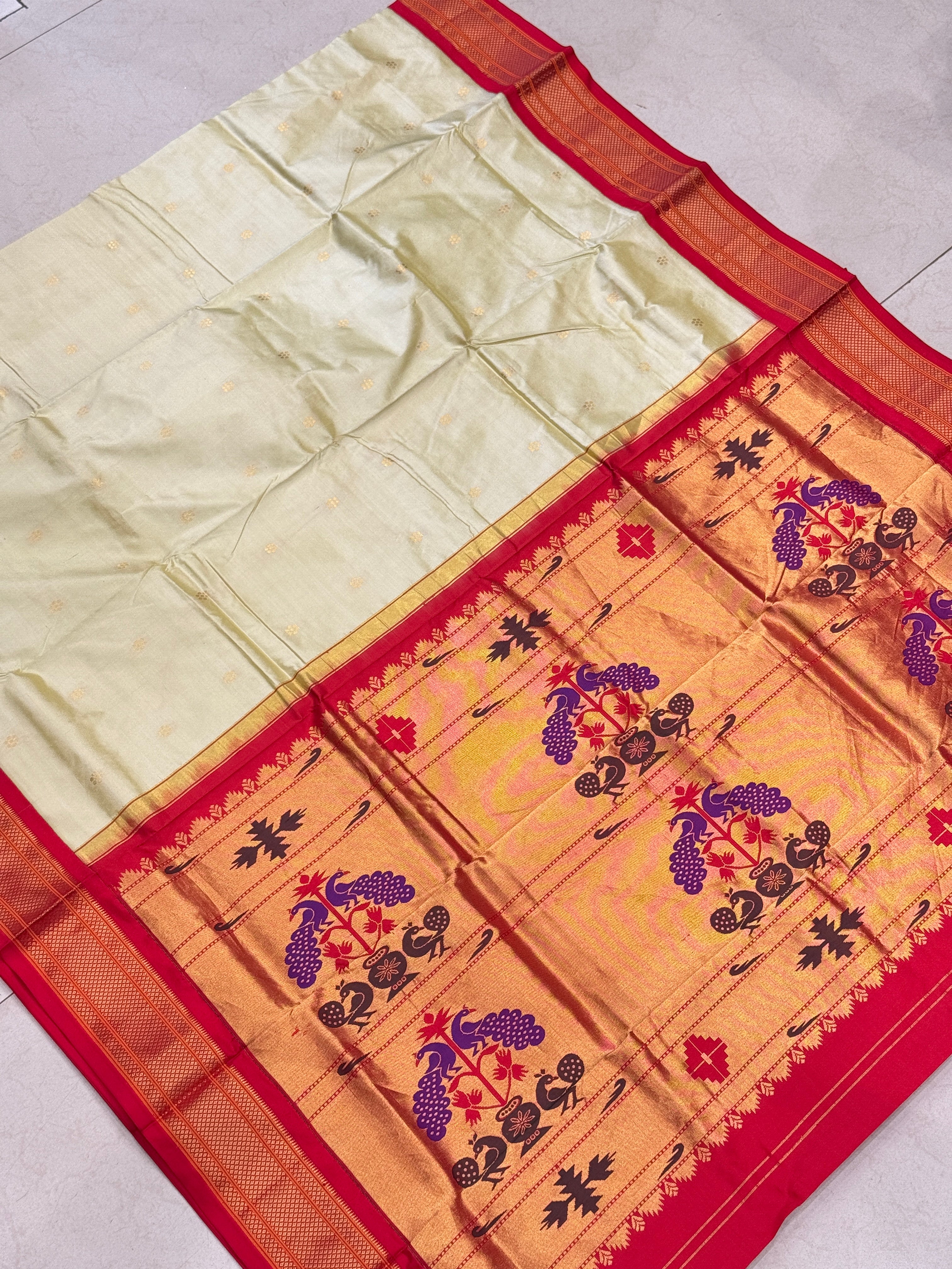 Beige Red Pure Silk Paithani Saree