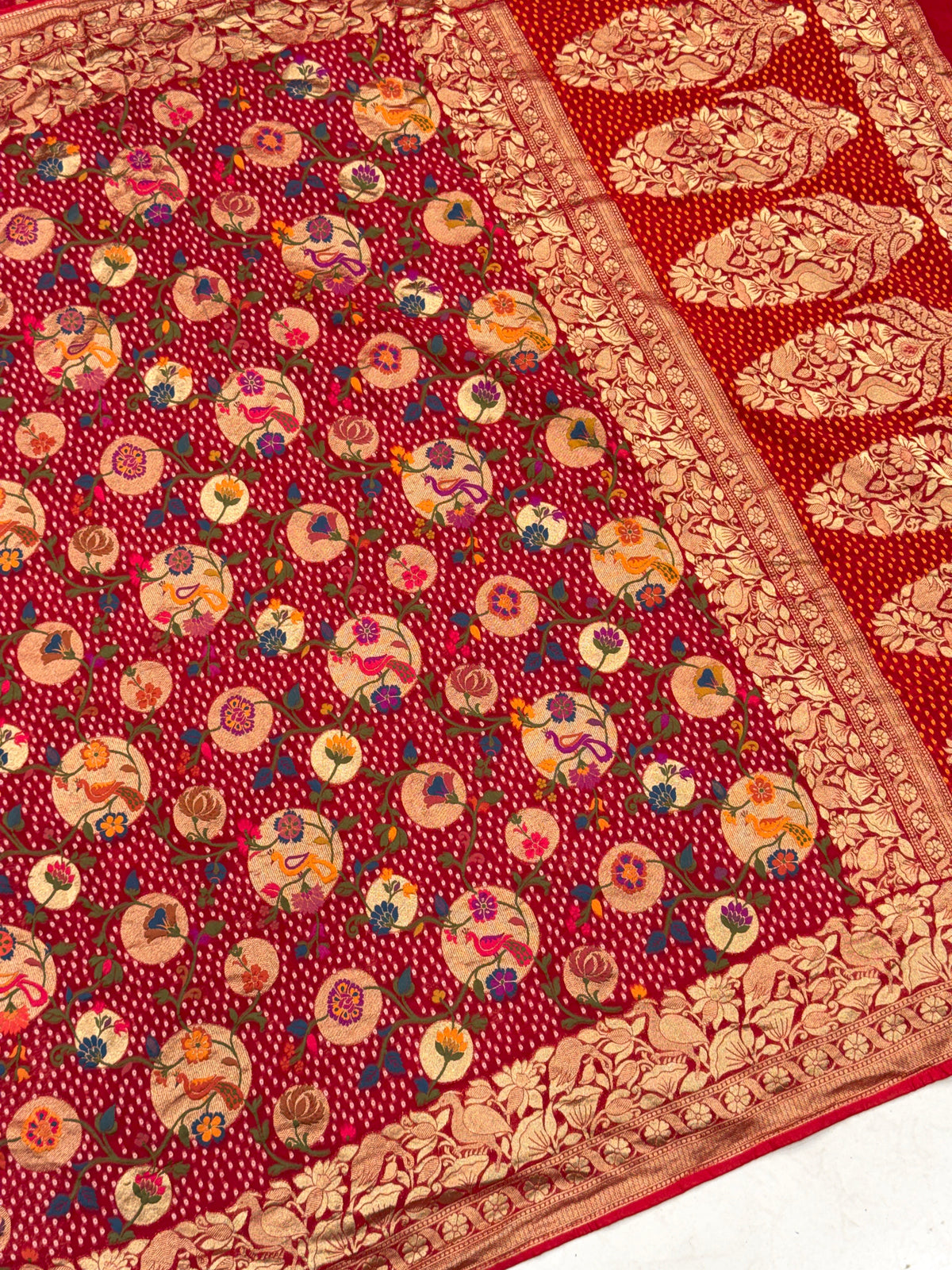Red Chandra Mor Meenakari Woven Bandhej Saree