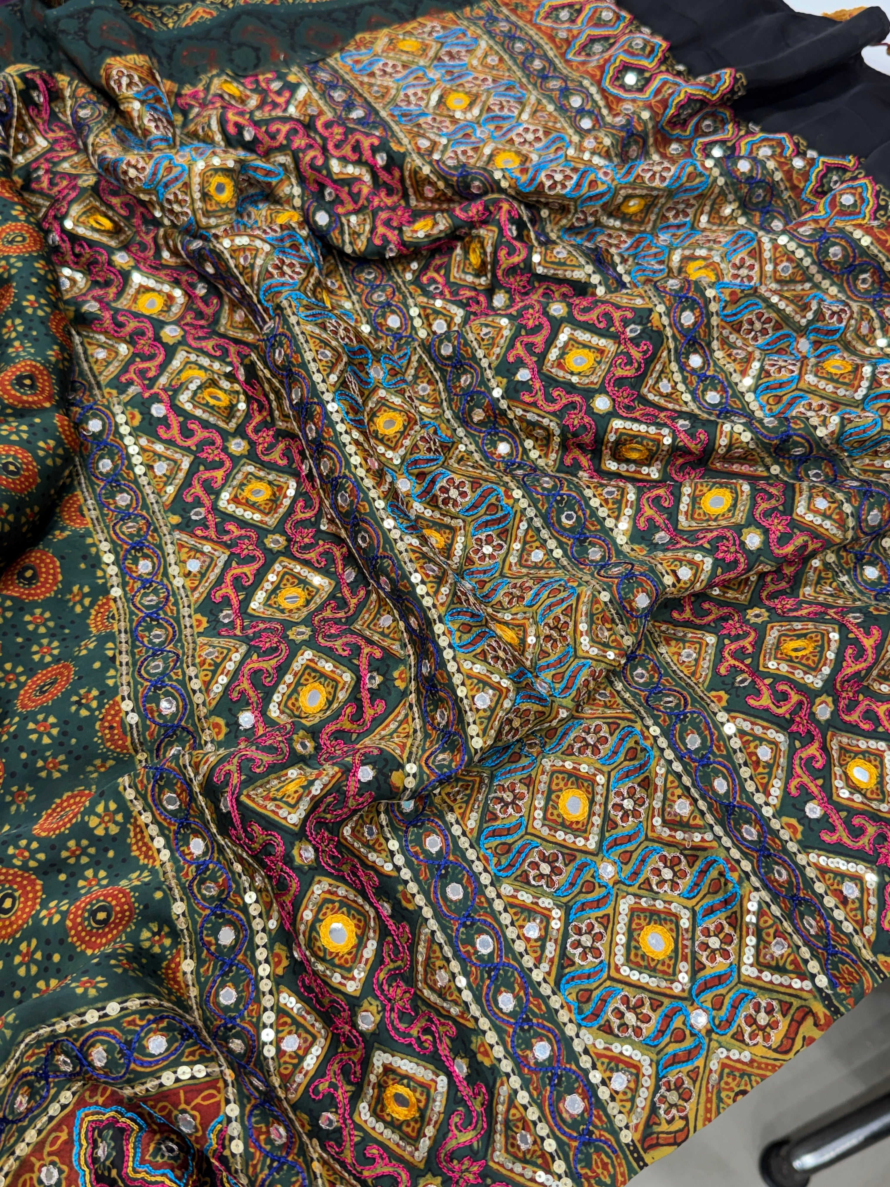 Green Kutchi Hand Embroidery Ajrakh Saree