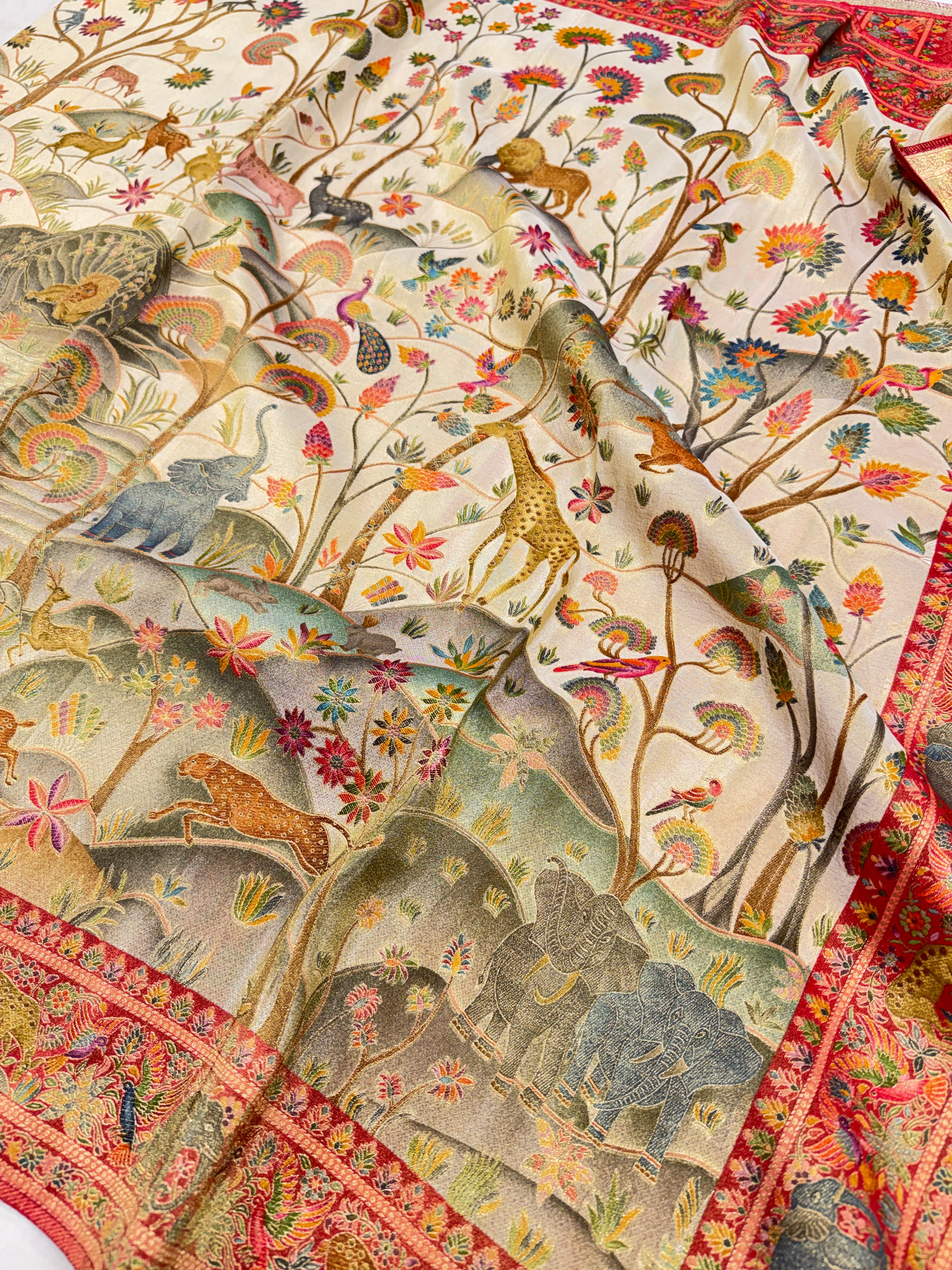 Beige Pashmina Style Shikara Theme Silk Saree