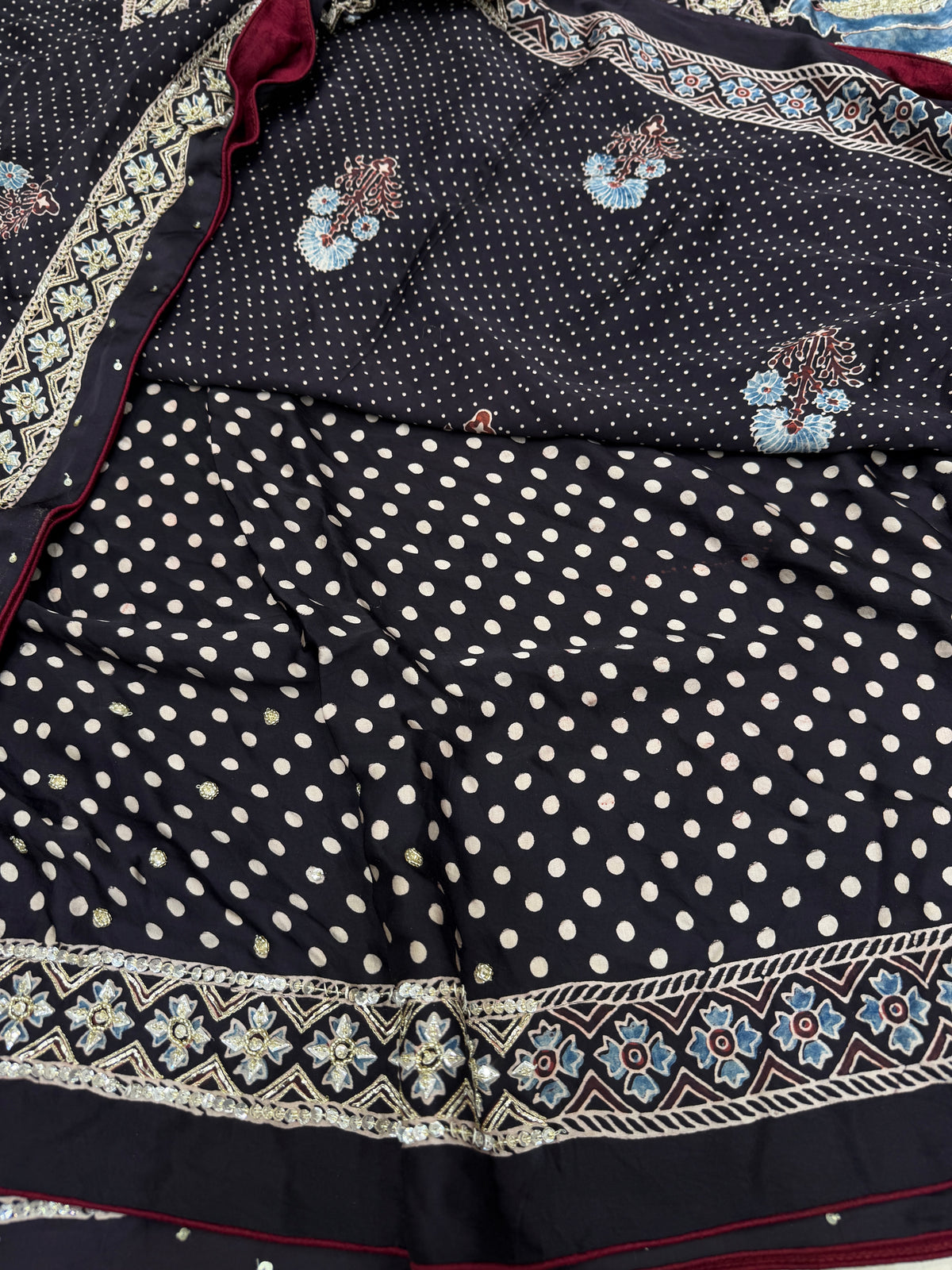 Black Buttas Pita Zardosi Sequin Ajrakh Hand Embroidery Saree