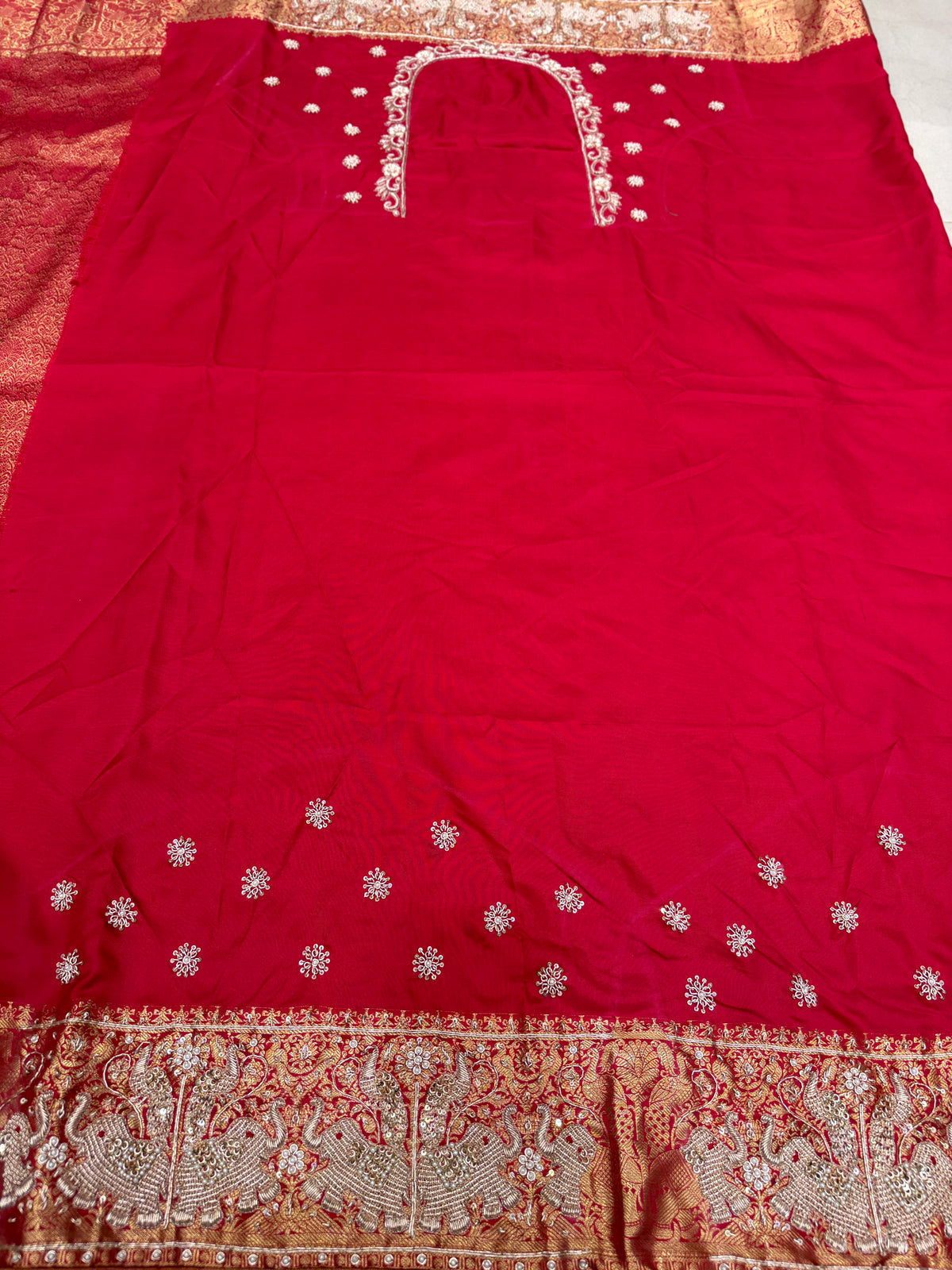 Red Kanjivaram Elephant Motifs Zardosi Hand Embroidery Saree