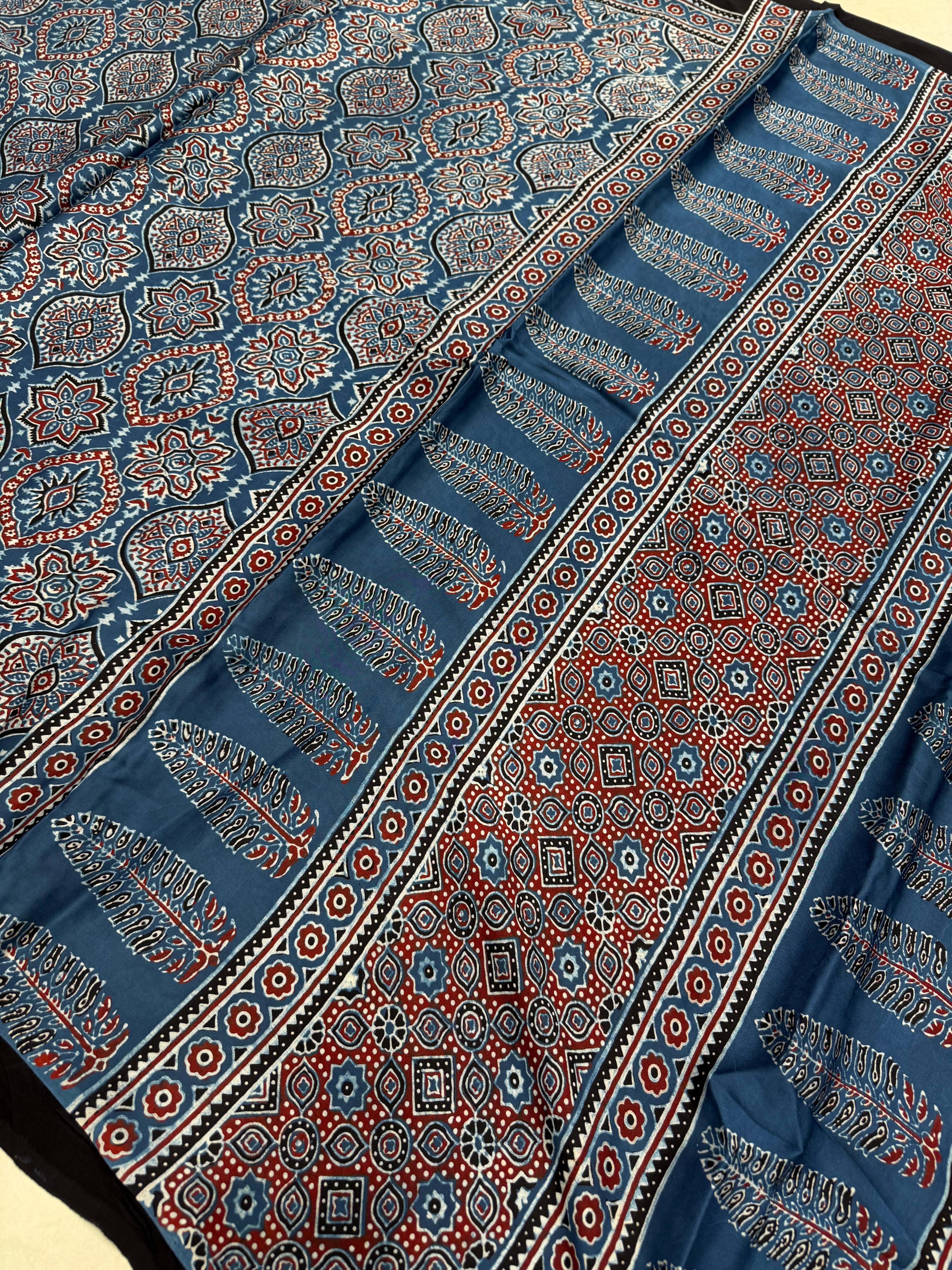 Blue Badam Ajrakh Hand Block Print Pure Gajji Silk Saree