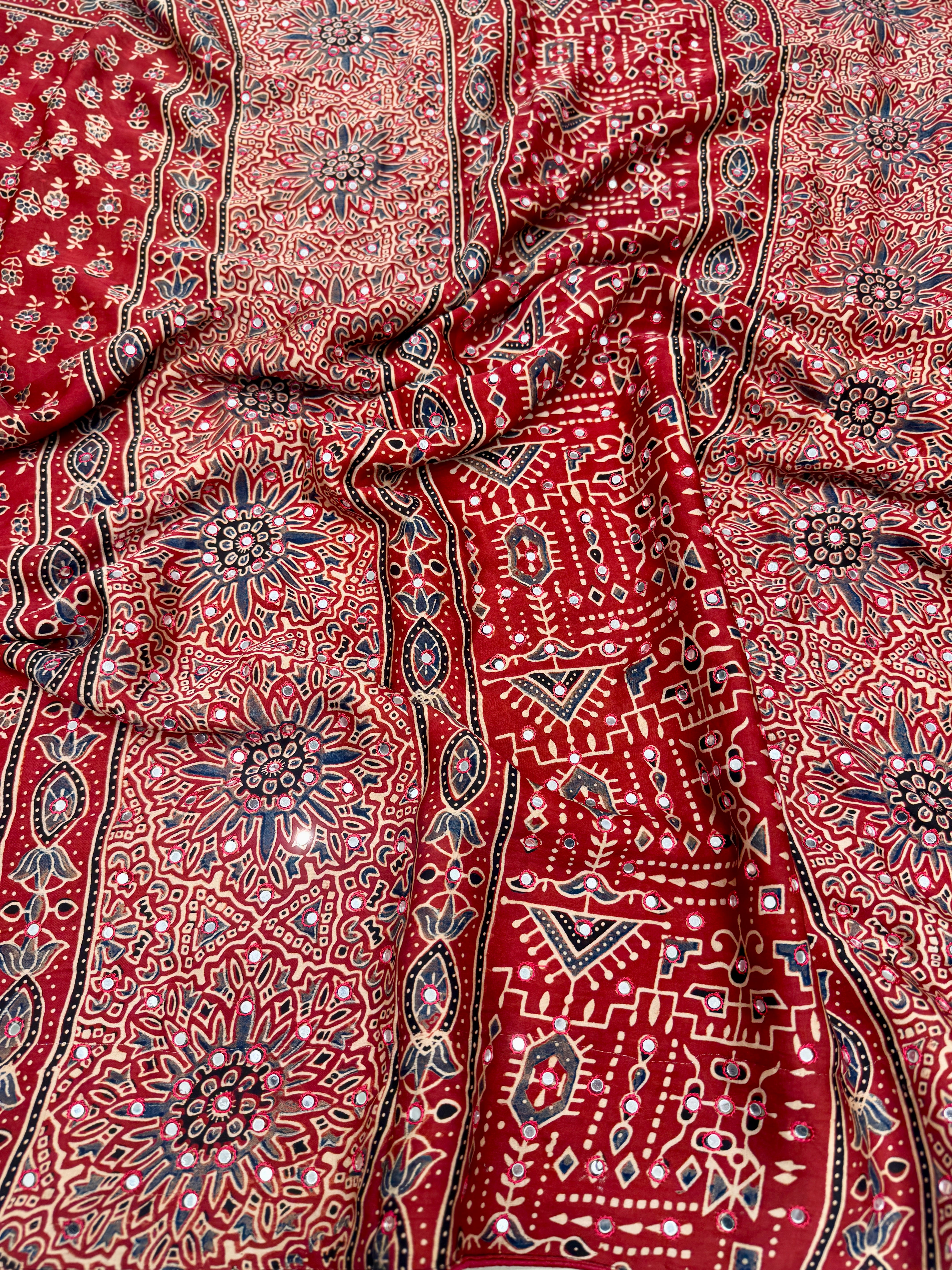 Red Butti Ajrakh Sequin Mirror Resham Hand Embroidery Saree