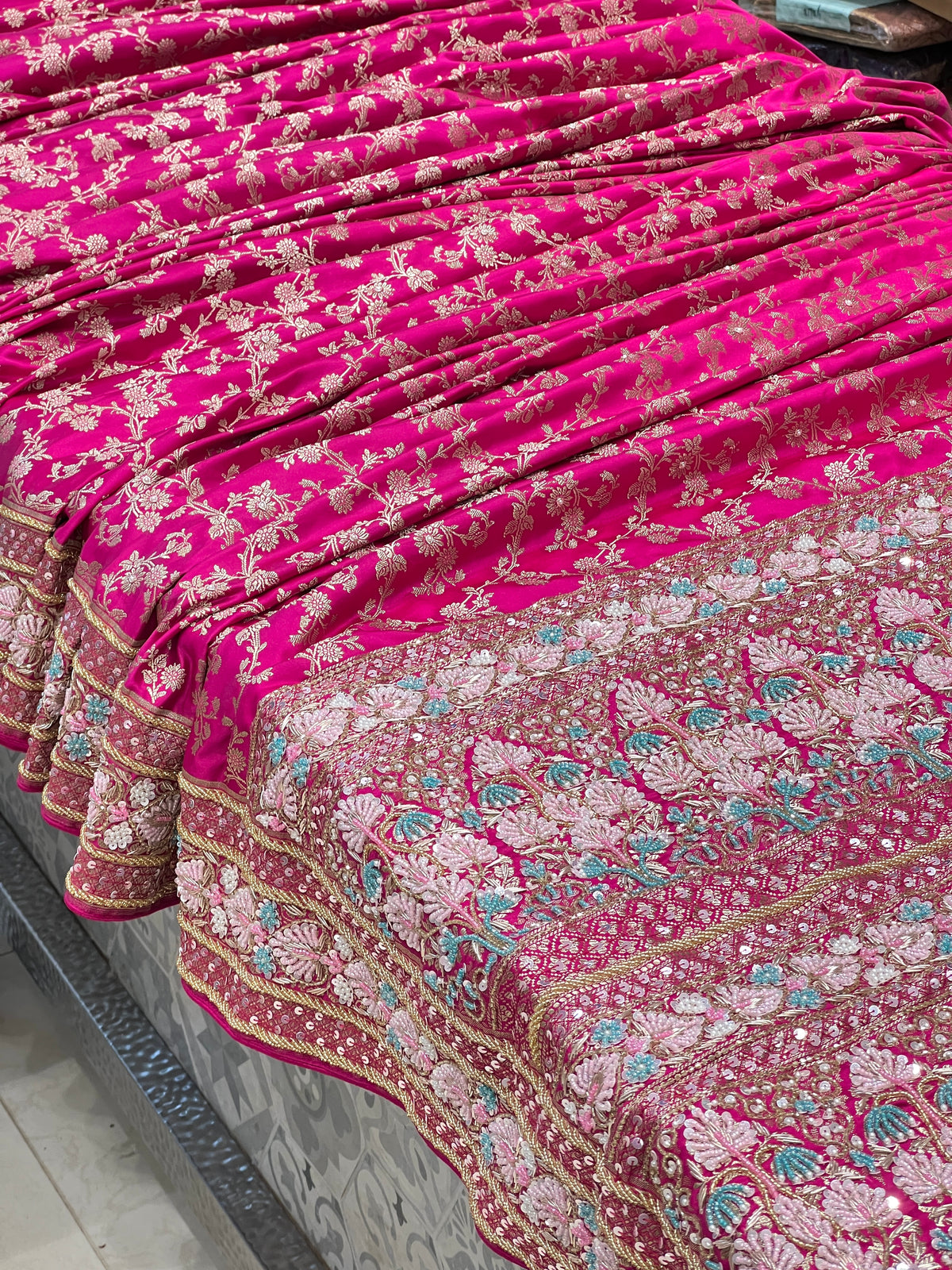 Rani Banarasi Heart Border Fancy Hand Embroidery Saree