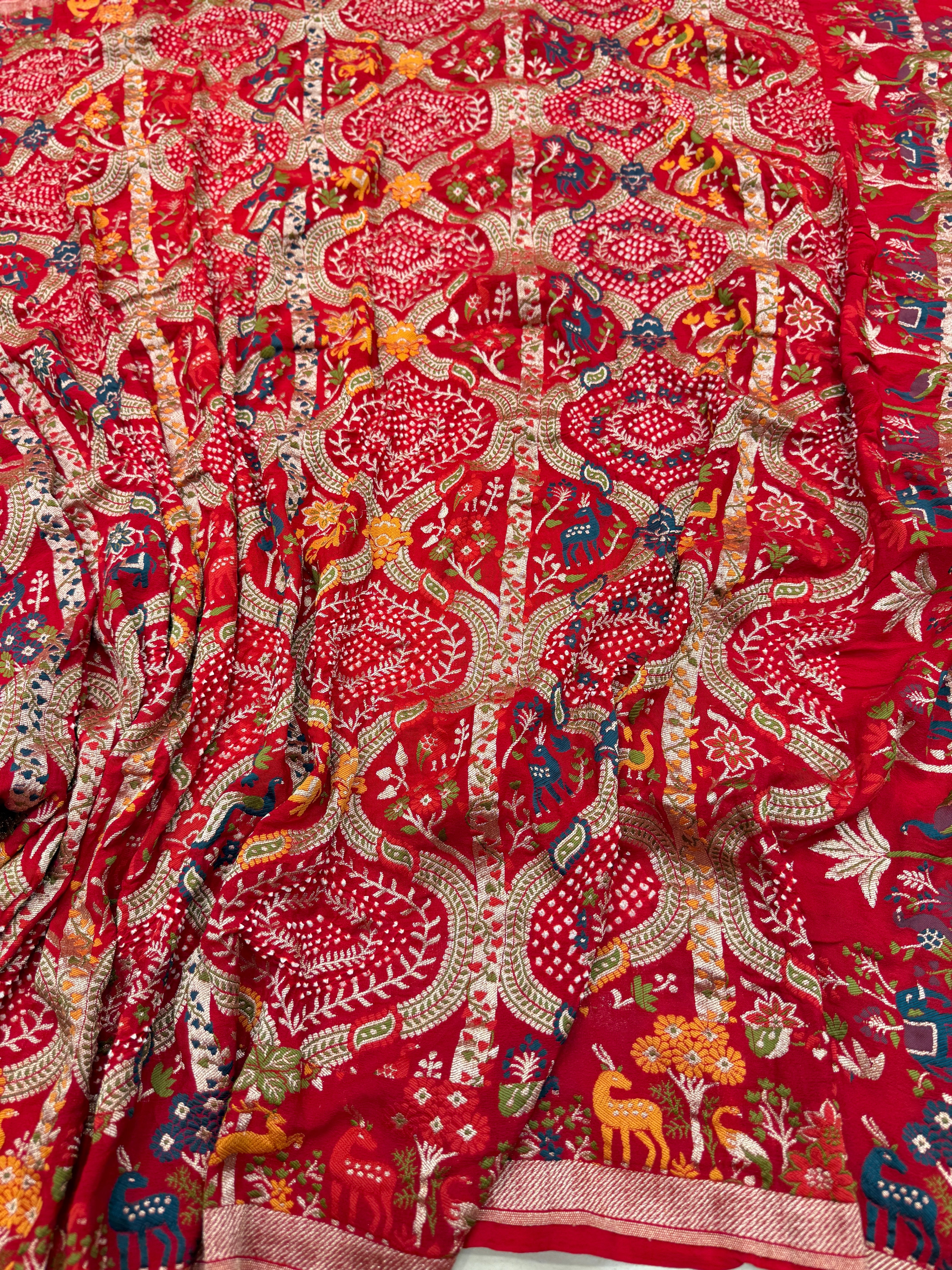 Red Meenakari Rai Bandhej Shikara Border Saree