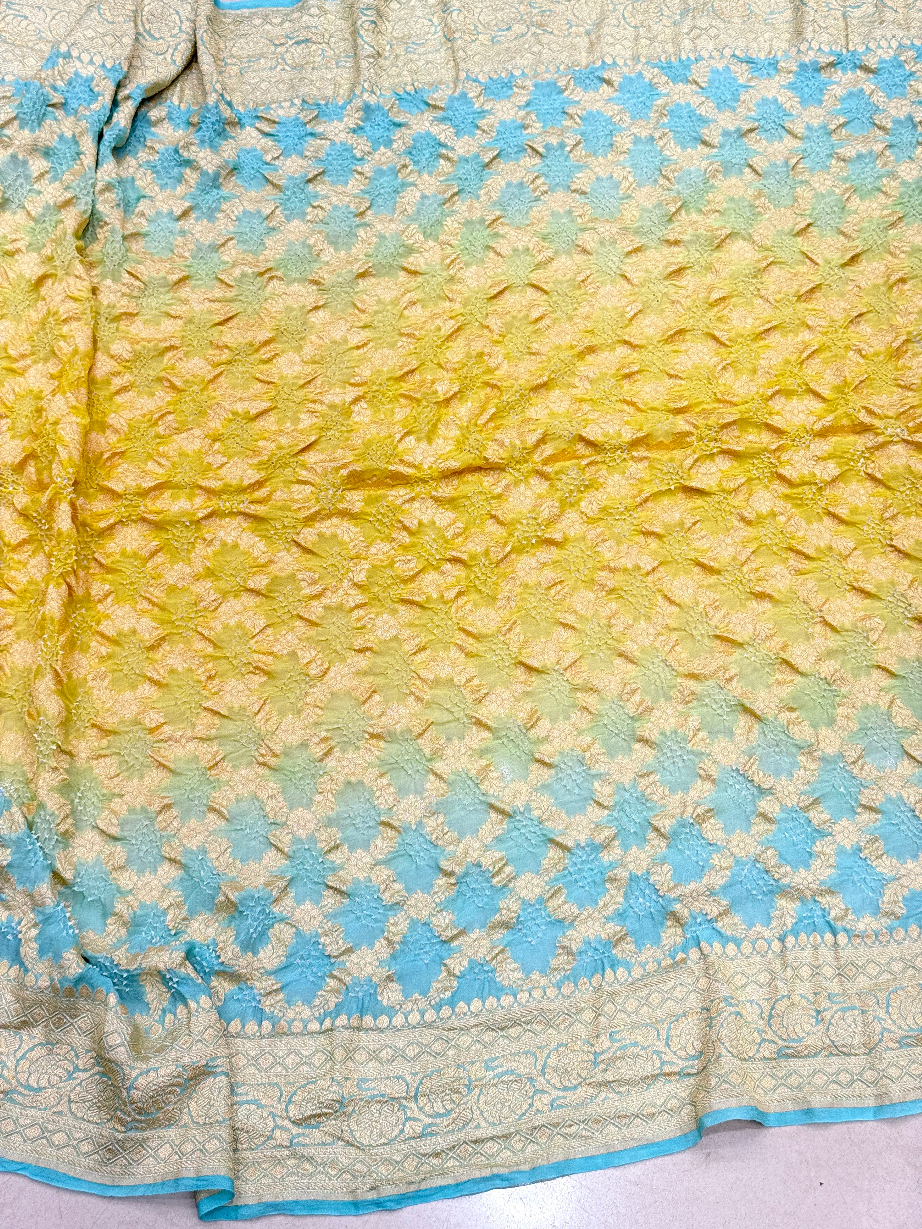 Light Blue Yellow Shaded Bandhej Bandhini Saree
