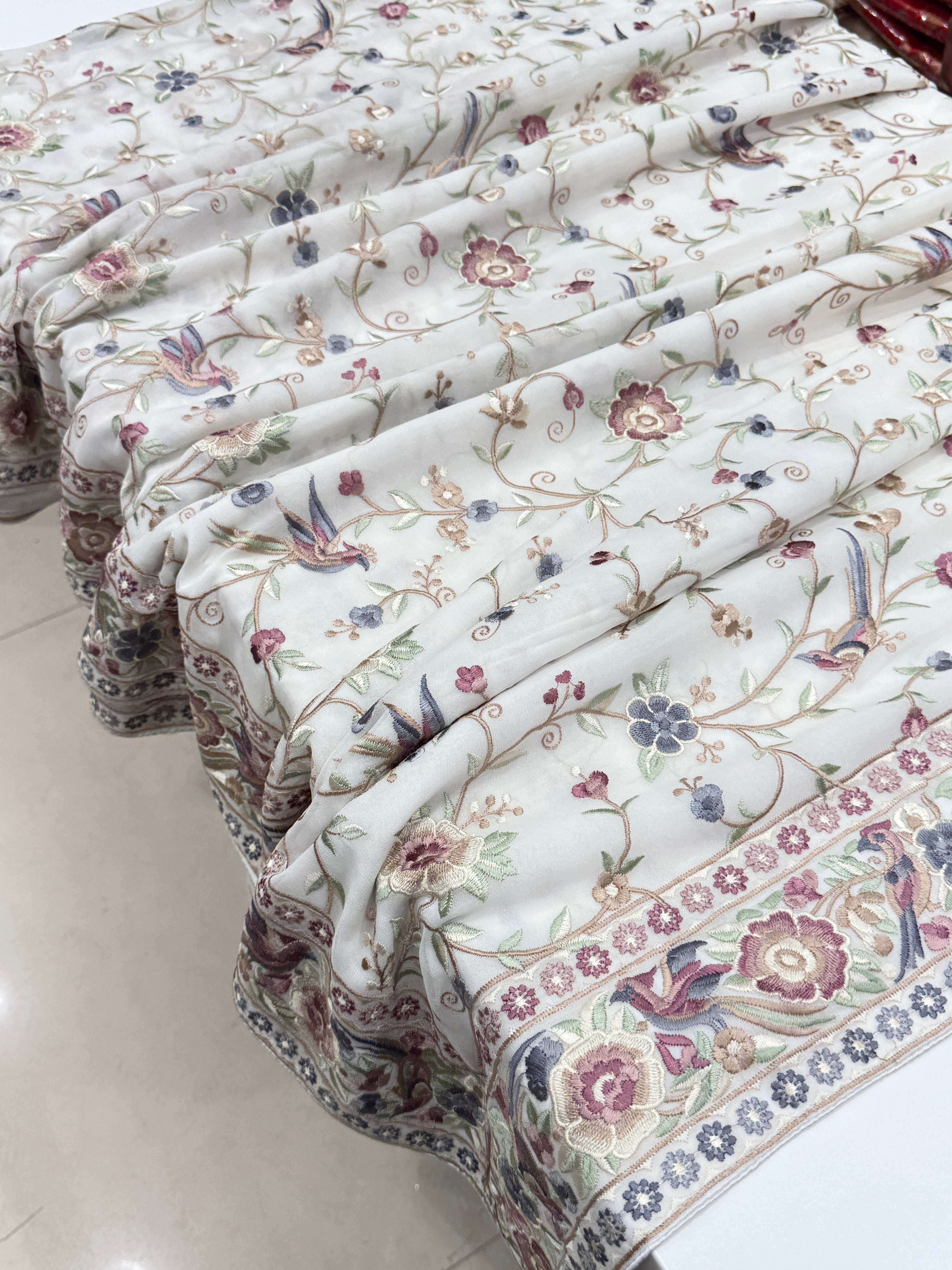 White Georgette Multi Colour Jaal Floral Parsi Gara Saree