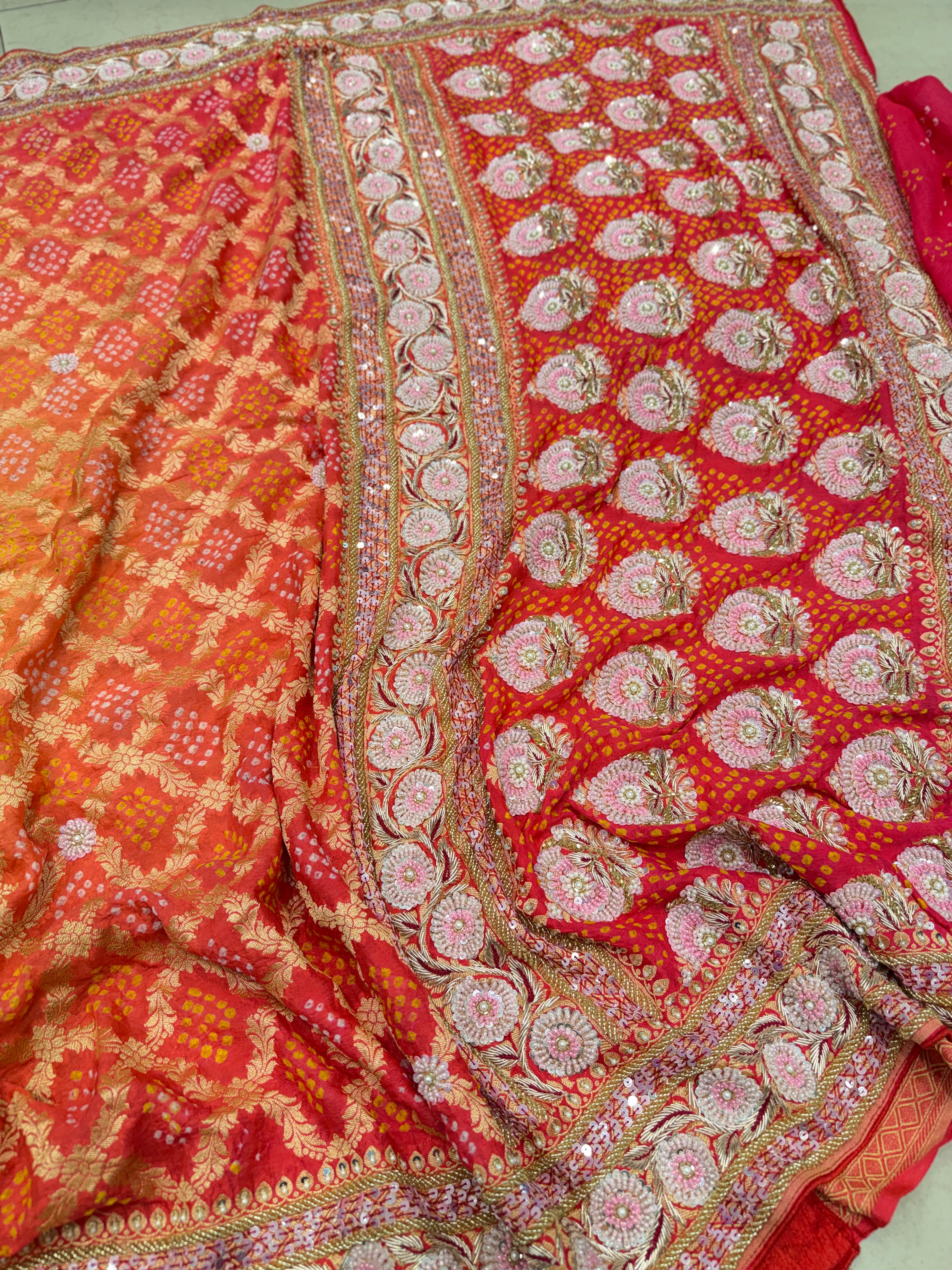 Shaded Peach Orange Bandhej Hand Embroidery Saree