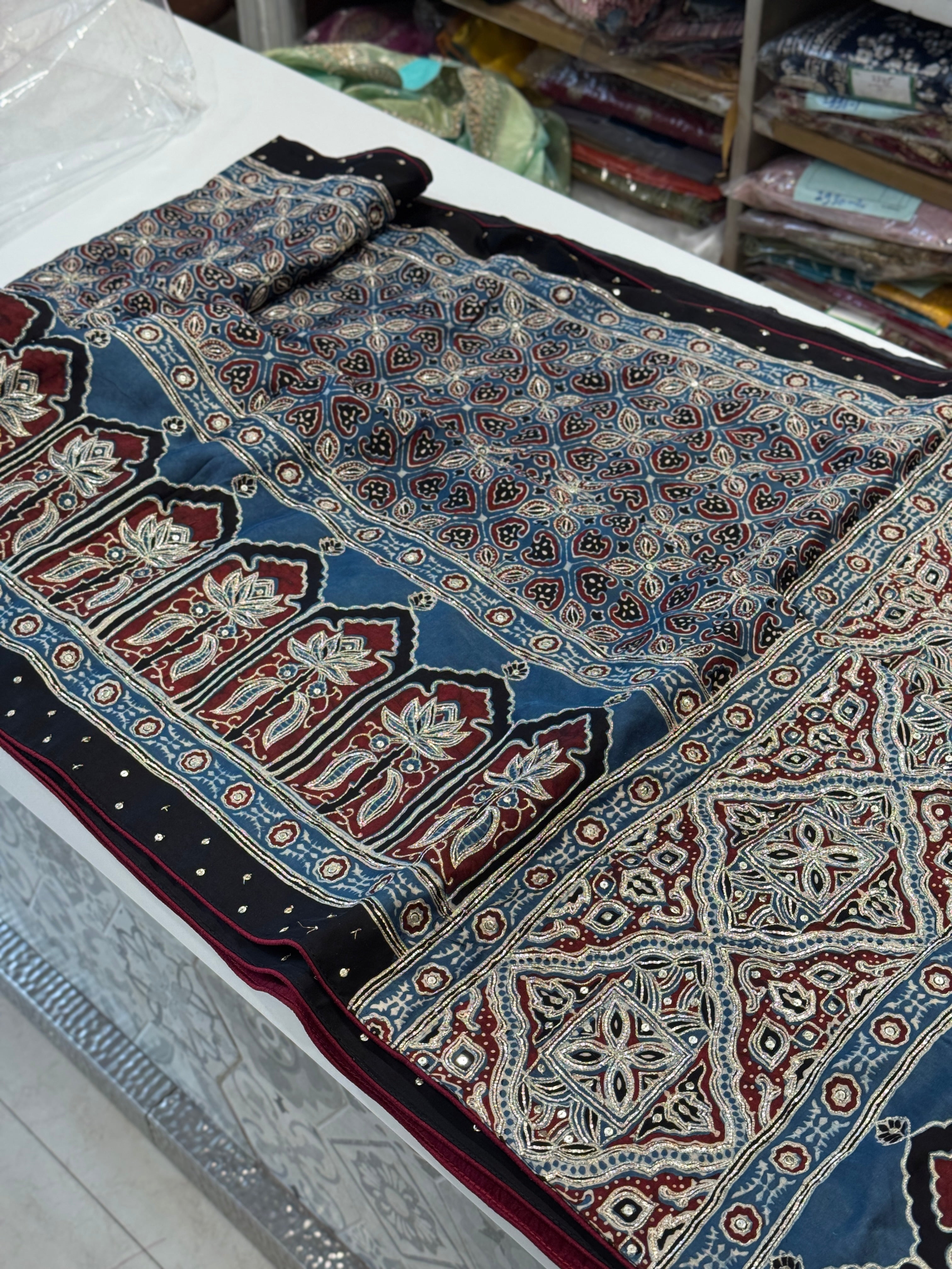 Ajrakh Blue Pita Hand Embroidery Saree