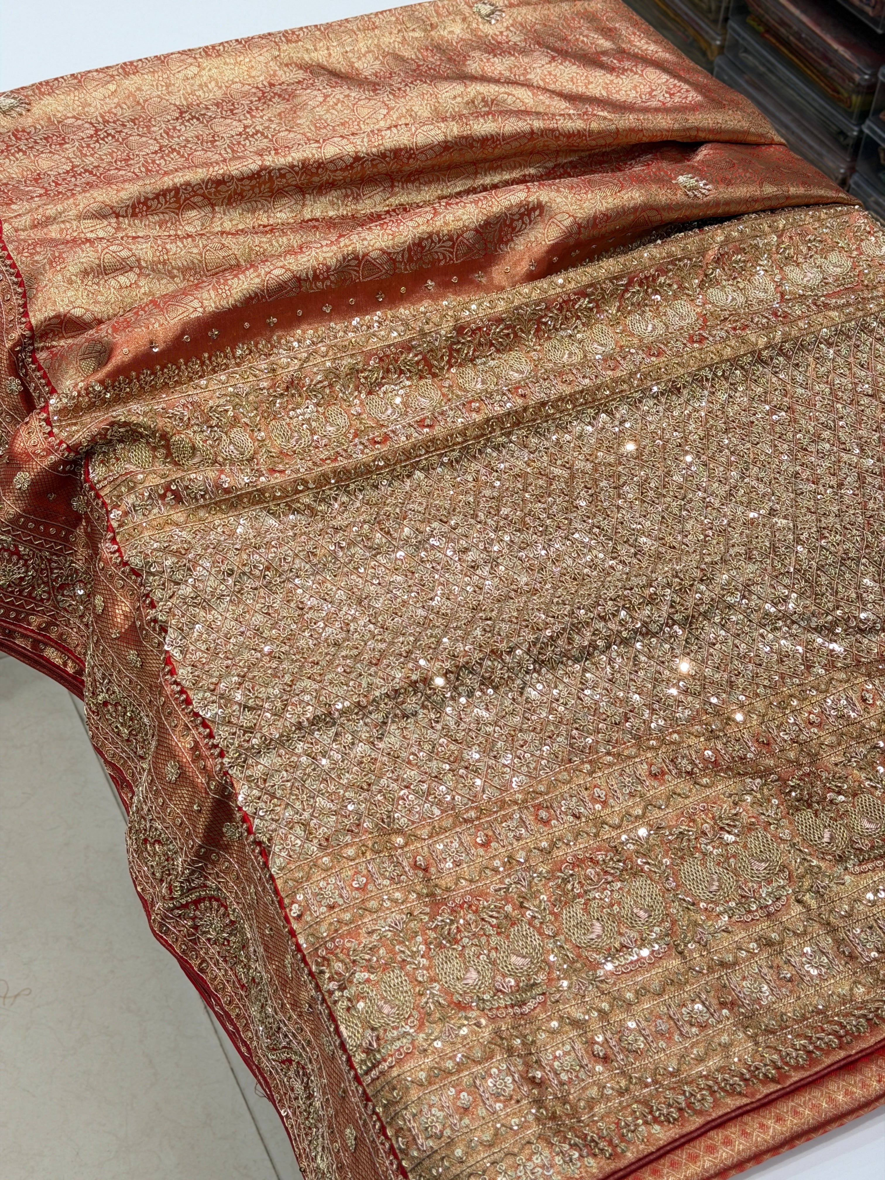 Gold Red Tissue Zardosi Kanjivaram Hand Embroidery Saree